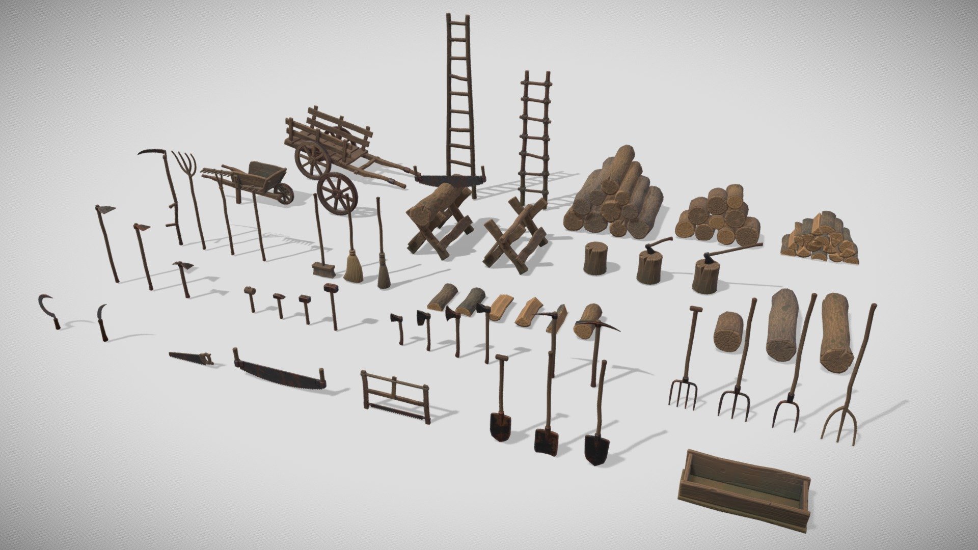 Game ready low poly models.

Vertex Count: 63 - 1965

Texture Resolutions: 2048 x 2048 - Stylized medieval farm tools - Buy Royalty Free 3D model by Psikais 3d model