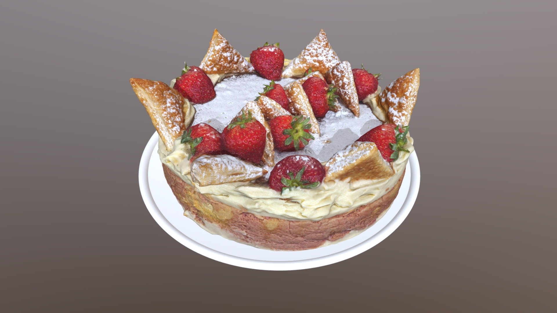 Torta Diplomatica. Due dischi di pasta sfoglia che racchiudono uno strato di pan di spagna bagnato con l’alchermes e due strati di crema pasticcera. Decorata con fragole e triangoli di sfoglia 3d model
