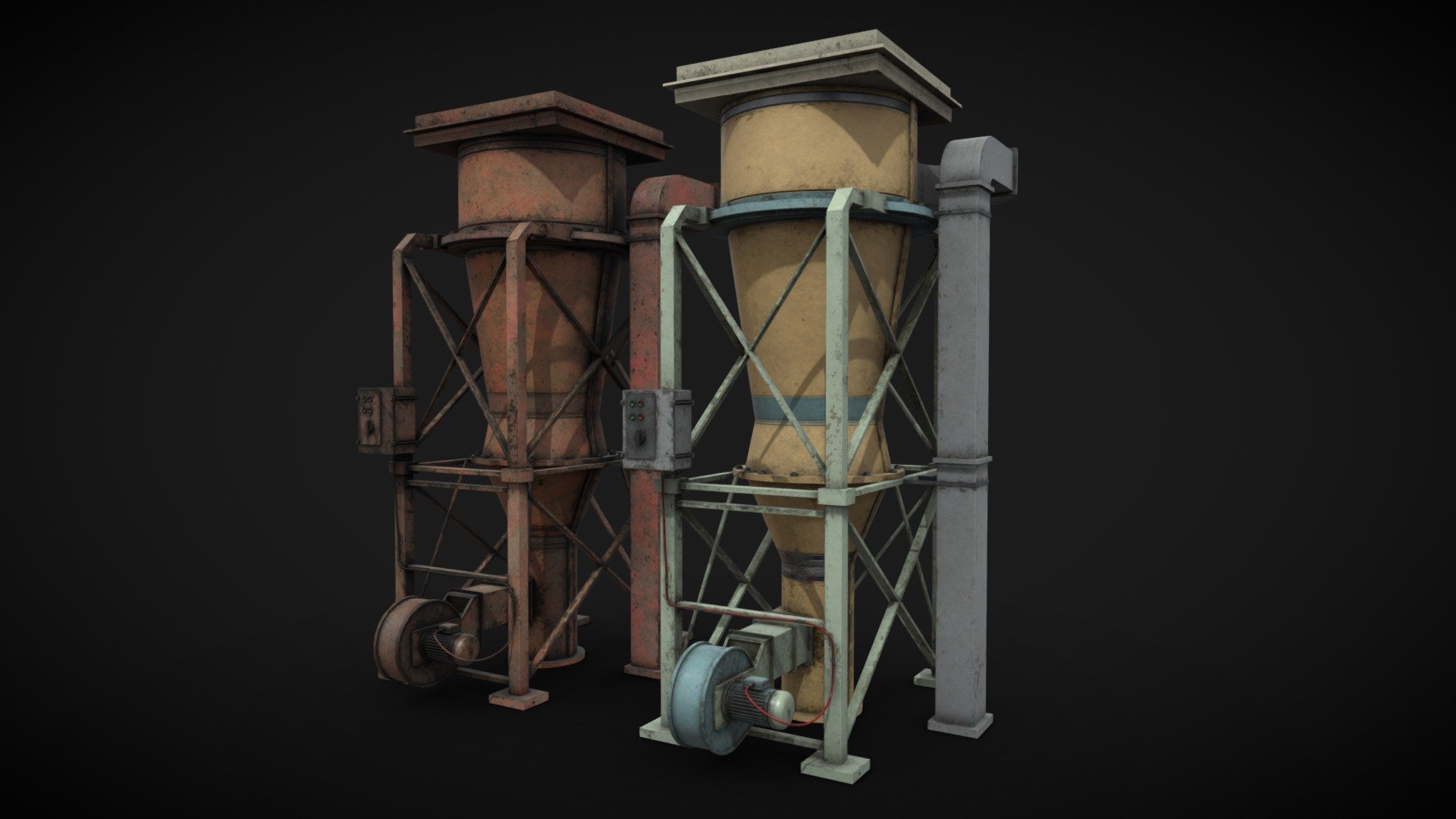 Machinery device for industrial visualizations 

4k PNG PBR textures included 

Painted and heavy rusted 

Non overlapped UVs 3d model