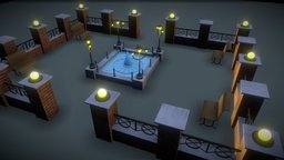 Simple Park bench, fountain, park, blender, anime
