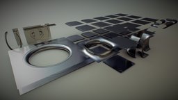 Retro-futuristic sci-fi building modular kit kit, quad, modern, tile, uv, set, future, ceiling, retro, parts, level, build, floor, pack, indoor, collection, ready, lego, round, connector, maze, gates, constructor, asset, game, lowpoly, low, poly, design, sci-fi, futuristic, building, door, environment, wall