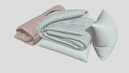 Blanket and pillows textile, pillow, blanket, furniture, mattress, fabric, cotton, linen, corona, marvelousdesigner, model3d