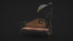 Bench With Decorative Lantern lamp, lantern, bench, exterior, umbrella, brown, park, rain, decor, metal, realistic, iron, architecture, wood, decoration, black