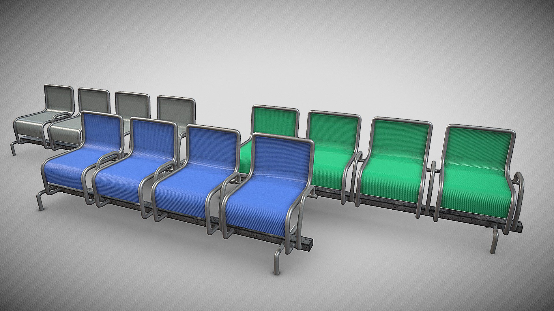 A collection beam seating.  (blue, green and grey) Useful prop to use in any sort of interior scene such as a waiting room, office or a train station. \n\nPBR textures @4k. \n\nall assets tested in unreal engine