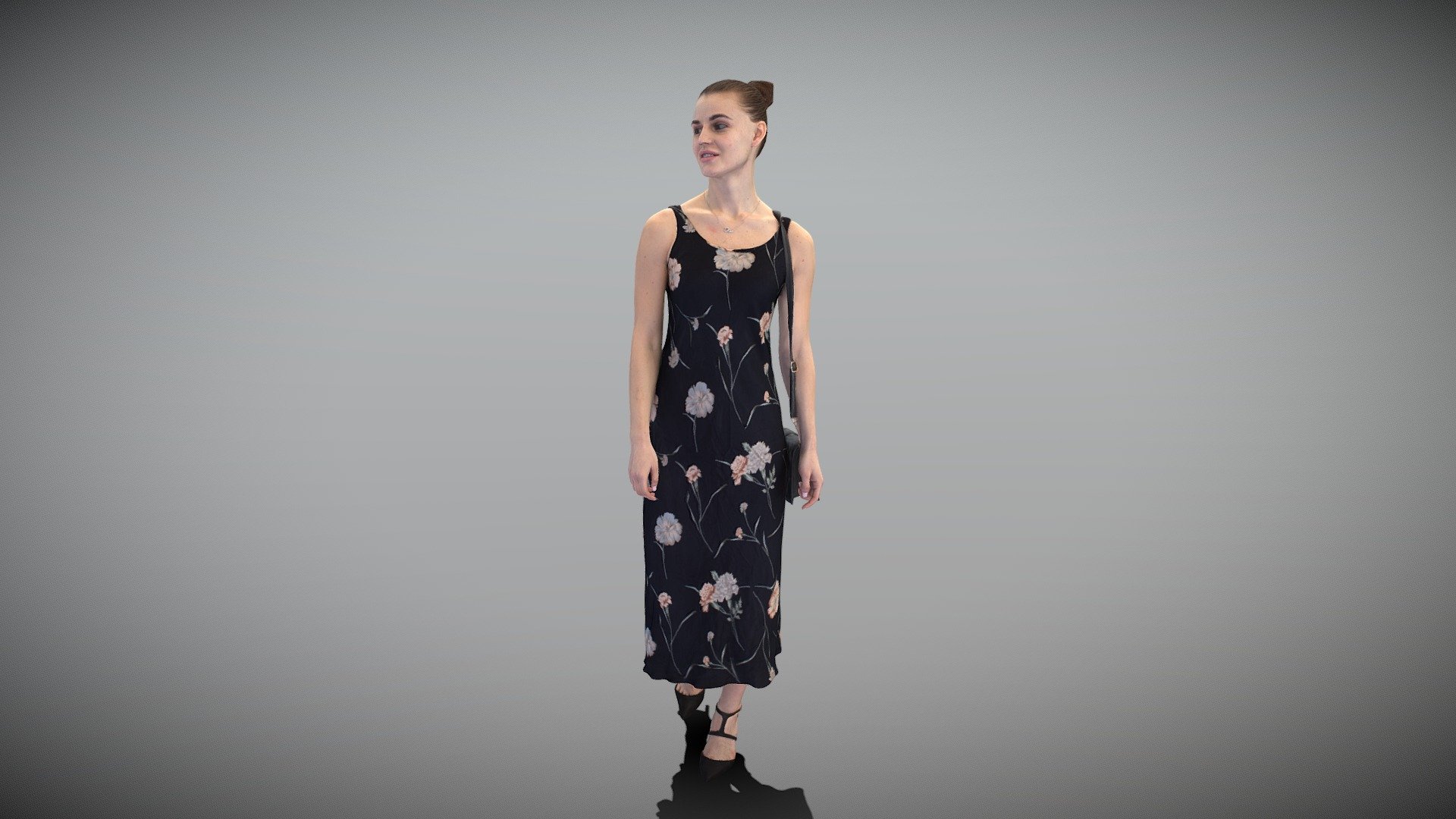 This is a true human size and detailed model of a beautiful young woman of Caucasian appearance dressed in maxi floral dress. The model is captured in casual pose to be perfectly matching for various architectural, product visualization as a background character within urban installations, city designs, outdoor design presentations, VR/AR content, etc.\n\nTechnical specifications:\n\n\n\n\ndigital double 3d scan model\n\n150k &amp; 30k triangles | double triangulated\n\nhigh-poly model (.ztl tool with 5 subdivisions) clean and retopologized automatically via ZRemesher\n\nsufficiently clean\n\nPBR textures 8K resolution: Diffuse, Normal, Specular maps\n\nnon-overlapping UV map\n\nno extra plugins are required for this model\n\nDownload package includes a Cinema 4D project file with Redshift shader, OBJ, FBX, STL files, which are applicable for 3ds Max, Maya, Unreal Engine, Unity, Blender, etc. All the textures you will find in the “Tex” folder, included into the main archive.\n\n3D EVERYTHING\n\nStand with Ukraine!