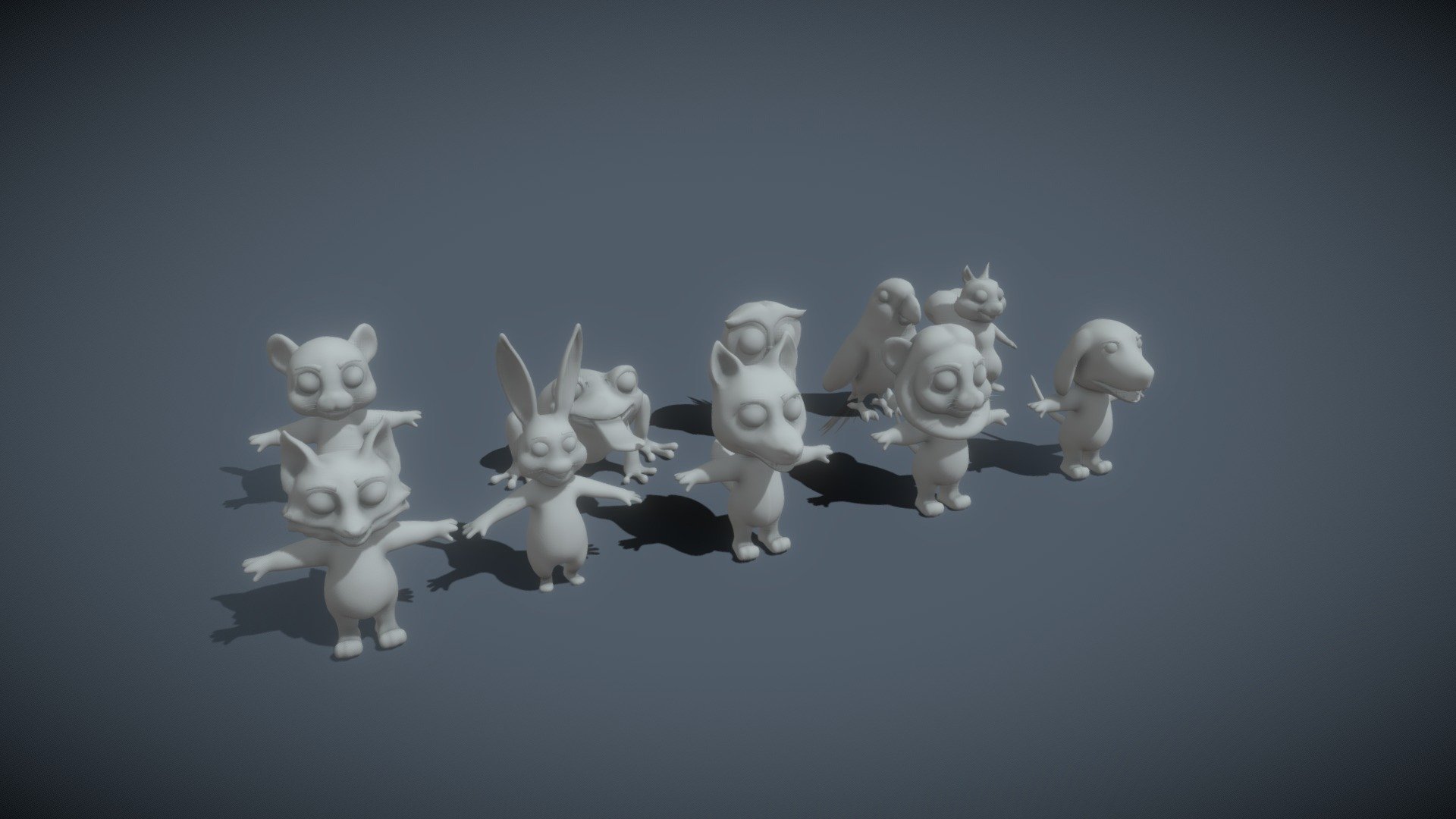 Cartoon Animals Rigged Base Mesh 10 Models Pack Vol 1. consists of 10 cartoon/stylized rigged animal base mesh models:  




Owl Rigged Base (10,551 P, 10,679 V)

Squirrel Rigged Base (2,164 P, 1,761 V)

Rabbit Rigged Base (7,968 P, 7,922 Vertices)

Frog Rigged Base (4,212 Polygons, 4,138 V)

Ara Parrot Rigged (4,275 P, 3,983 V)

Lion Rigged Base (7,218 P, 6,884 V)

Tiger Rigged Base (6,120 P, 5,789 V)

Wolf Rigged Base (11,748 P, 11,452 V)

Fox Rigged Base (10,284 P, 9,863 V)

Hound Dog Rigged Base (10,250 P, 9,953 V)

Technical details:  




File formats included are: FBX, GLB, BLEND, gLTF (generated), USDZ (generated)

Native software file format: BLEND

Polygons: 74,790 (around 7.5k per model)

Vertices: 72,424 (around 7.2k per model)

You can purchase the model on Superhive/Blender Market: https://superhivemarket.com/products/cartoon-animals-rigged-base-mesh-10-models-pack-vol-1