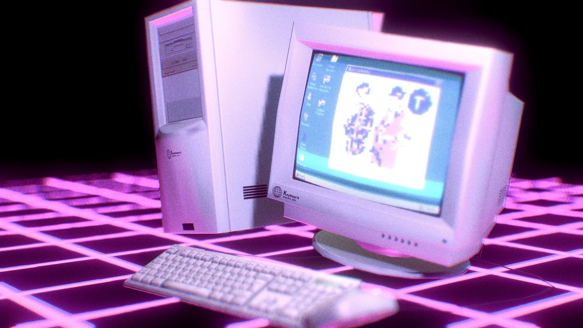 Retro computer demo
-

This is an animation demo of my new low poly computer model. It was very fun to do ! 

At first I had some issues with the screen changing (interpolation between frames) but I found a trick: place the second screen on the first one, one frame before it disappear. 

This trick didn't unfortunately worked on the grid floor (you can see the interpolation in the middle of the animation).

-

PBR

The textures are in PBR (diffuse, roughness, metalness, normal map).

-

SOFTWARES

Made with Blender and Photoshop.

-

MORE

Don't forget to subscribe for more ! :)

Music :
Cloud Wheels, Castle Builder - Puddle of Infinity