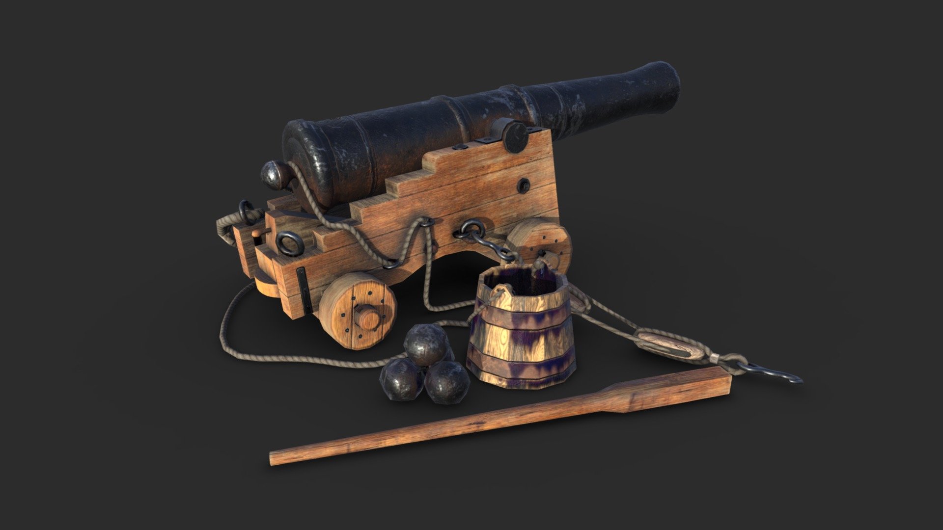 This vintage 36 pounder naval cannon assets pack including 4 individual objects with 3 LODs and collision boxes and 3 color variants to get the best optimization and the best quality for the most popular game engines. All elements can easily be positioned together to create a more detailed scene. 

This AAA game asset of old bulk bags will embellish you scene and add more details which can help the gameplay and the game-design.

Low-poly model &amp; Blender native 2.90

SPECIFICATIONS




Objects : 4

Polygons : 5148

Subdivision ready : Yes

Render engine : Eevee (Cycles ready)

GAME SPECS




LODs : Yes (inside FBX for Unity &amp; Unreal)

Numbers of LODs : 3

Collider : Yes

Lightmap UV : No

EXPORTED FORMATS




FBX

Collada

OBJ

TEXTURES




Materials in scene : 1

Textures sizes : 4K

Textures types : Base Color, Metallic, Roughness, Normal (DirectX &amp; OpenGL), Heigh &amp; AO (also Unity &amp; Unreal workflow maps)

Textures format : PNG
