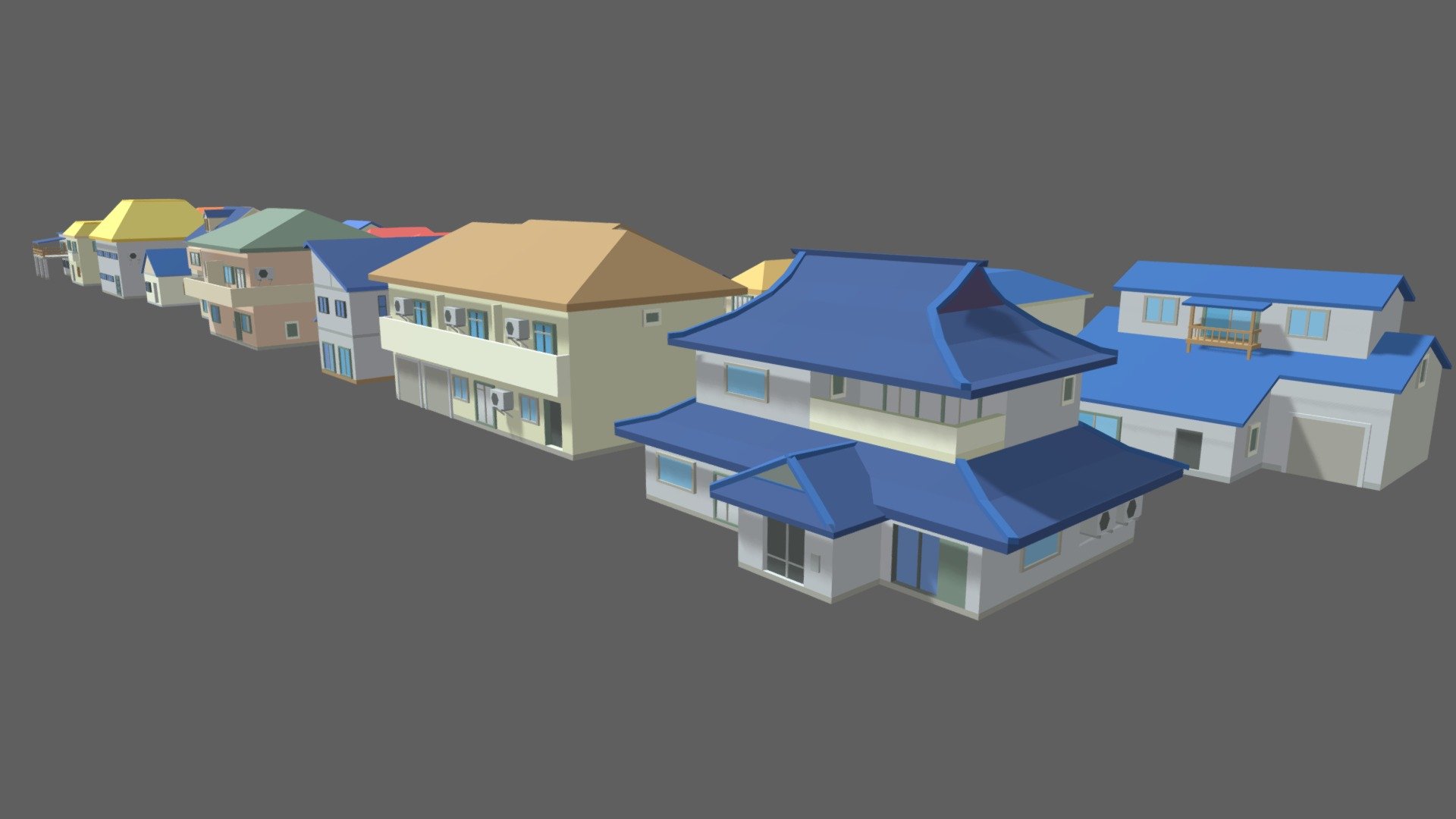 20 low poly Japanese house in Anime style
Ideal for outdoor decor and close-ups (Animation) 
Or for mobile game decor

Technical detail:
* Format: FBX 7.4 binaire
* Number materials: 1
* Number textures: 1
* Number meshs: 20
* Number skeletons: 0
* Texture size: (284x284)

legal: README.txt (drive like)