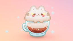 cute catppuccino drink, food, chibi, coffee, ice, prop, cream, summer, kawaii, casual, cartoon, asset, game, stylizd, noai