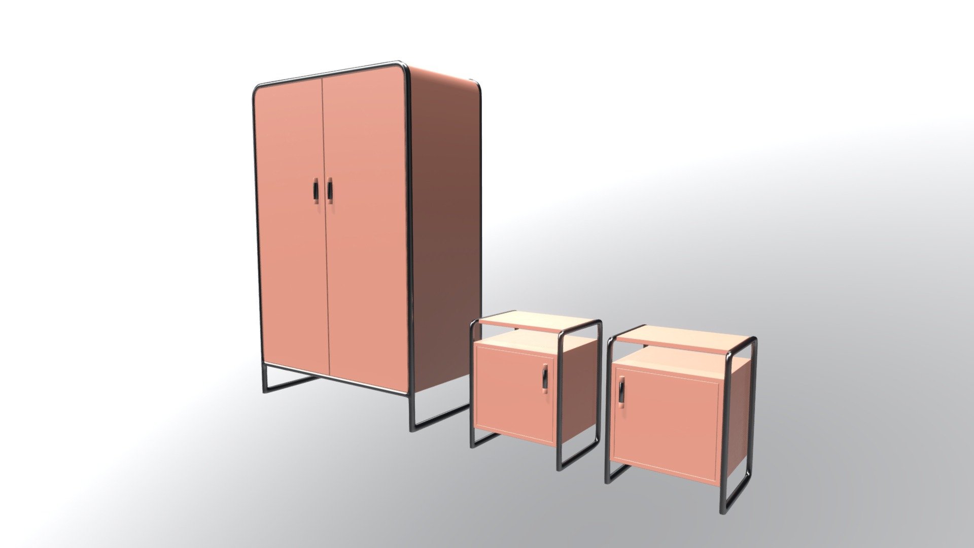 A retro 1960s style bedroom furniture set consisting of a wardrobe and two bedside cabinets (left and right).
This model was created using Blender.
Any questions please feel free to ask.