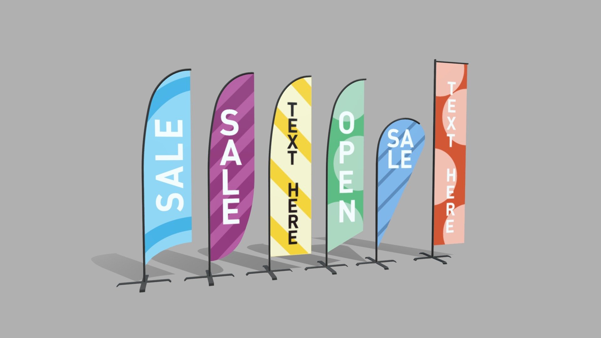 Banner Commercial Flags

Textures Included:




6 Banner flags in .PNG (it is also included an .ai file with separate artboards for each flag)

IMPORTANT NOTES:




This model does not include materials, but they are on separate objects, so you can assign your own easily.

Just the parts with texture have Unwrapped UVs

If you have any doubts or questions about this model, you can send us a message.