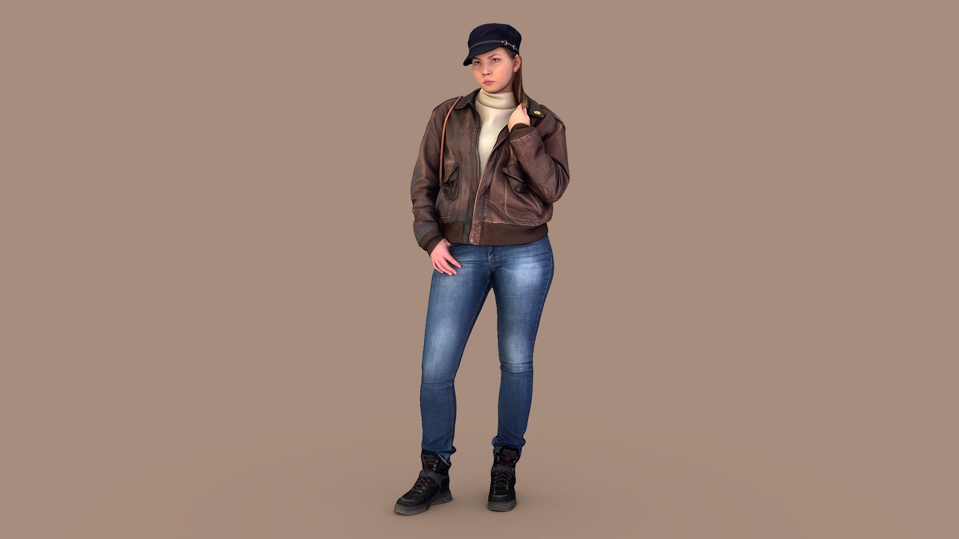 Follow us on Instagram ✌🏼

✉️ A young pretty girl of high stature and with wide hips looks accusingly forward at her interlocutor. She is wearing low-rise blue skinny jeans, a light-colored jumper, a retro brown leather jacket, a blue cap, and a small light brown shoulder bag.

🦾 This model will be an excellent mid-range participant. It does not need to be very close and try to see the details, it reveals and demonstrates its texture as much as possible in case of a certain distance from the foreground.

⚙️ Photorealistic Casual Character 3d model ready for Virtual Reality (VR), Augmented Reality (AR), games and other real-time apps. Suitable for the architectural visualization and another graphical projects. 50 000 polygons per model.

ACAK19