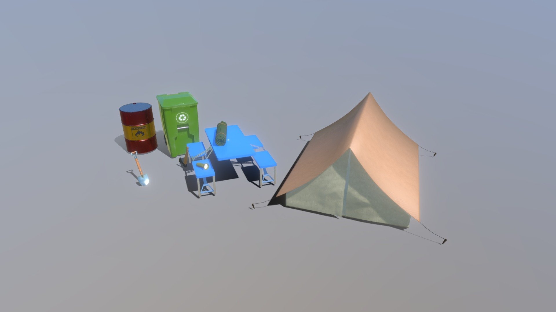 Outdoor assets - 8 pack




Tent

Garbage container

Gas drum

Folding table

Axe

Shovel

Rolled sleeping mattress

Flashlight

High quality textures, 2K resolution, PNG format.
Included maps:
Base color (easy color customization for all objects);
Height/Bump;
Normal;
Roughness;
Metalness;

Low-poly/game-ready