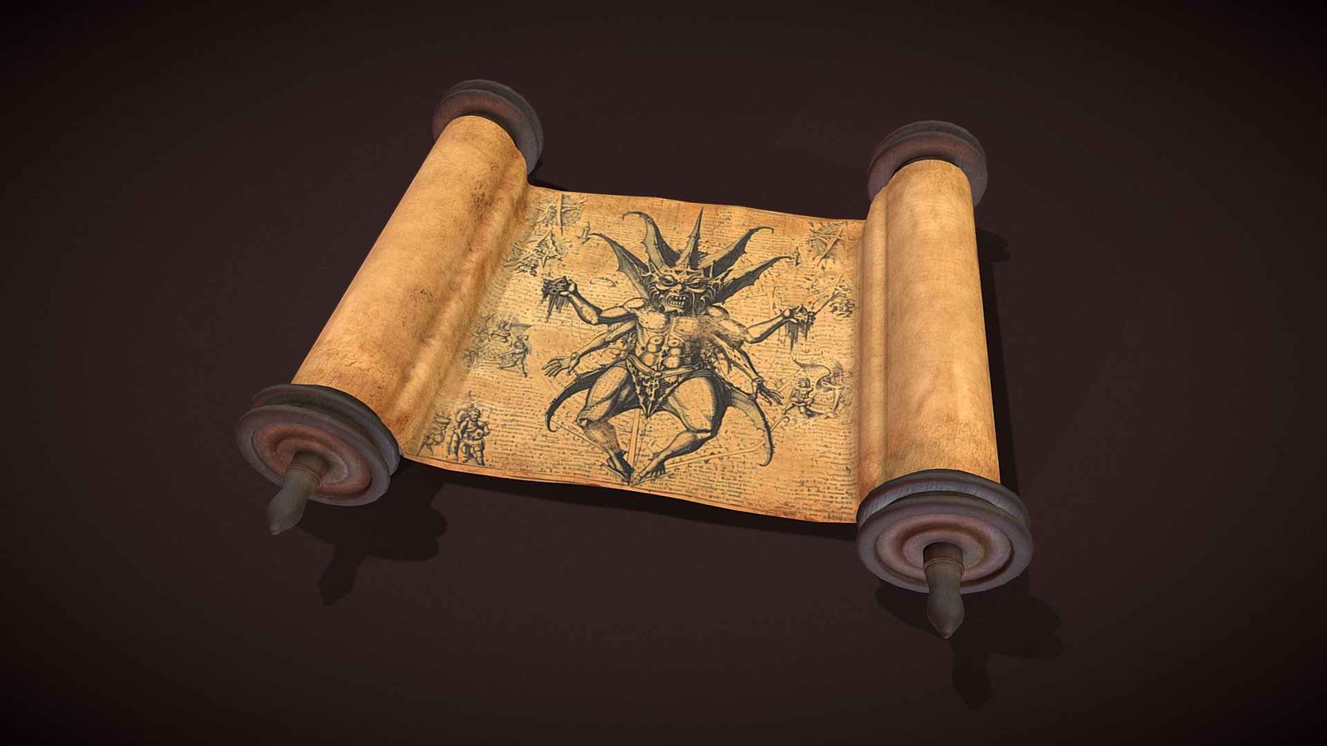 A scroll with a picture of a demon, suggesting someone is delving into demonolgy.  Handy prop for any sort of horror scene.

PBR texures @4k