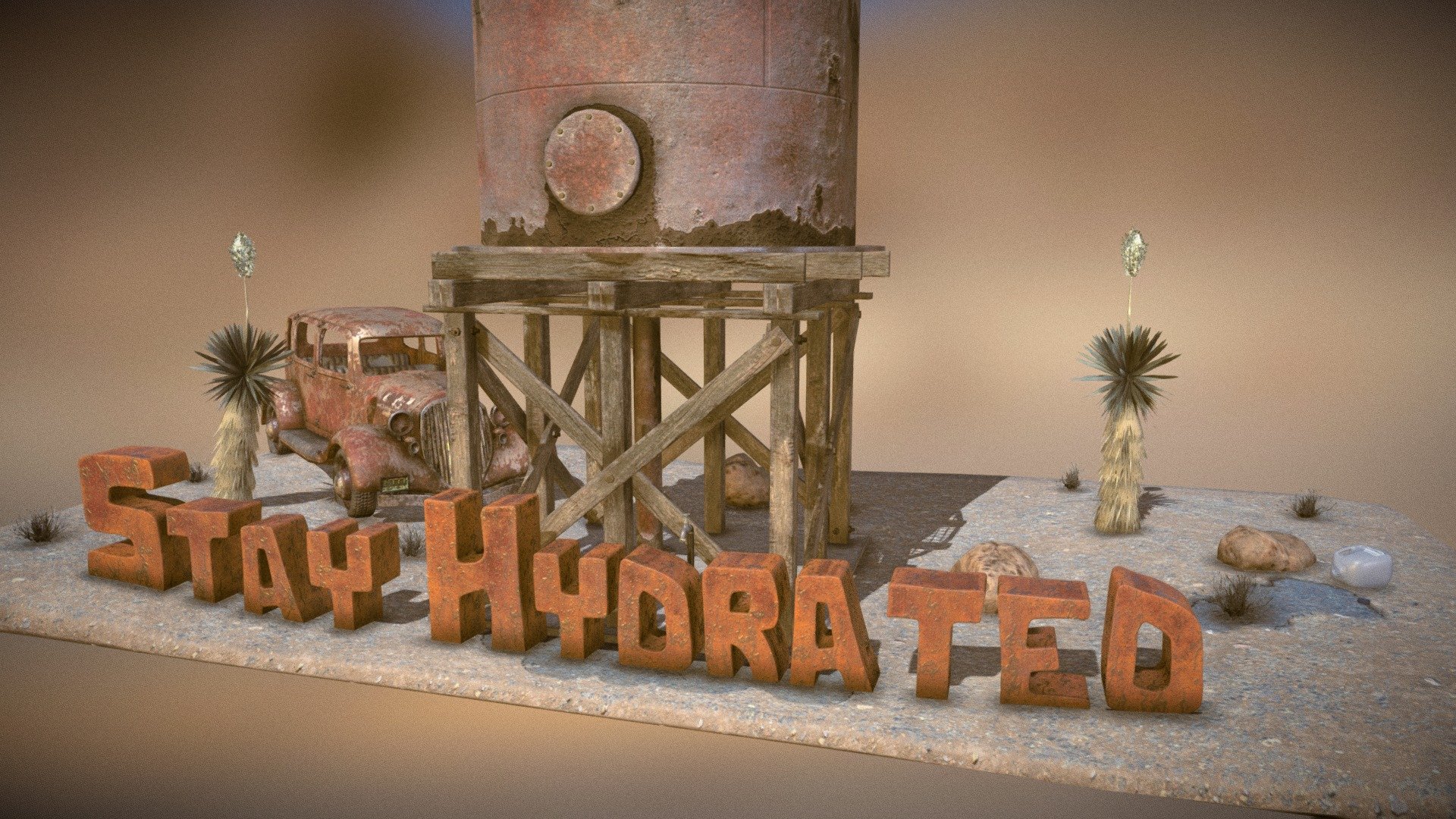 Stay Hydrated is my VR game project for Oculus Launchpad. It focuses around exploring and finding water in the desert. I made this little scene to promote it as well as try sketchfab's new clearcoat feature for the water and on the car! Modeled in Blender, textured in Substance Painter.