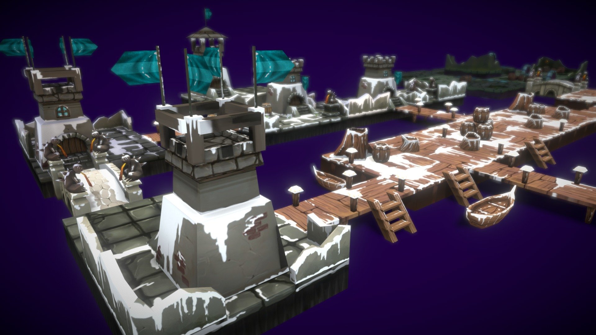 This Level Islands Environments Pack more than 50+ object 3D lowplys :
- 2 Barrel
- 2Grass variations
- 3 Tower
- 10 Island Stone 1
- 10 Island Stone 2
- 6 Island Wood
- 1 Door
- 2 Boat
- 2 Bridge
- 2 Sculpture
- 1 Wood stairs
- 1 manhole covers
- 3 wall
- 2 tree old
- Over 15 Sample Modular Pieces
The models texture size 1024/1024 and design paint 2 styles : Winter , summer