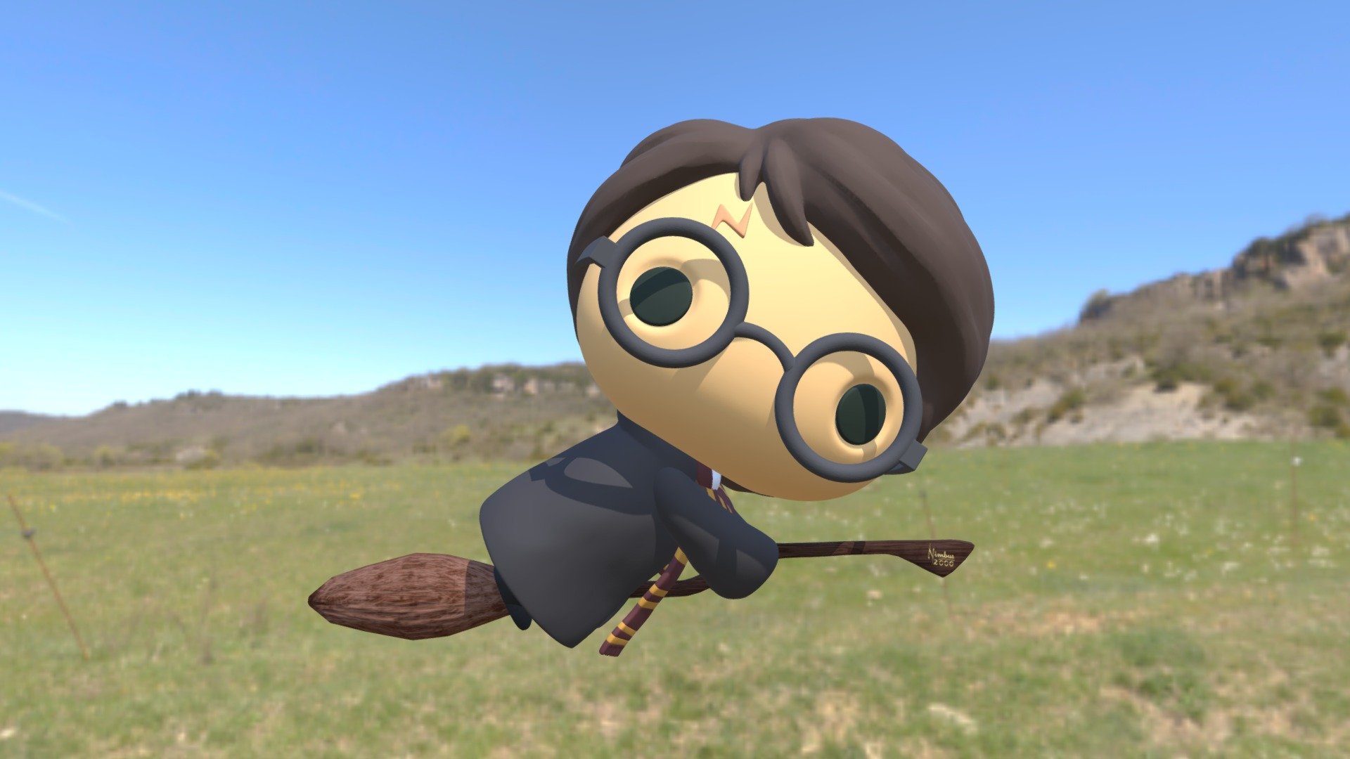 Harry Potter flying on his Nimbus 2000.
This is a Remix.

Harry Potter Model by purakito: https://www.thingiverse.com/thing:3200840

Nimbus2000 Model by Batuhan13: https://skfb.ly/6KSJT