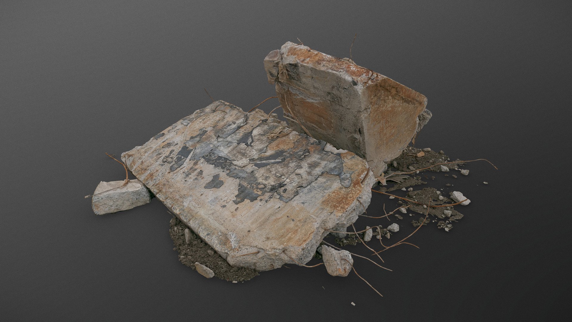 Pile of old ruined construction material building concrete debris blocks with rusty rusted steel scrap iron metal bars rods pile heap stack junk yard landfill

photogrammetry scan (120x36mp), 3x8k textures + HD Normals