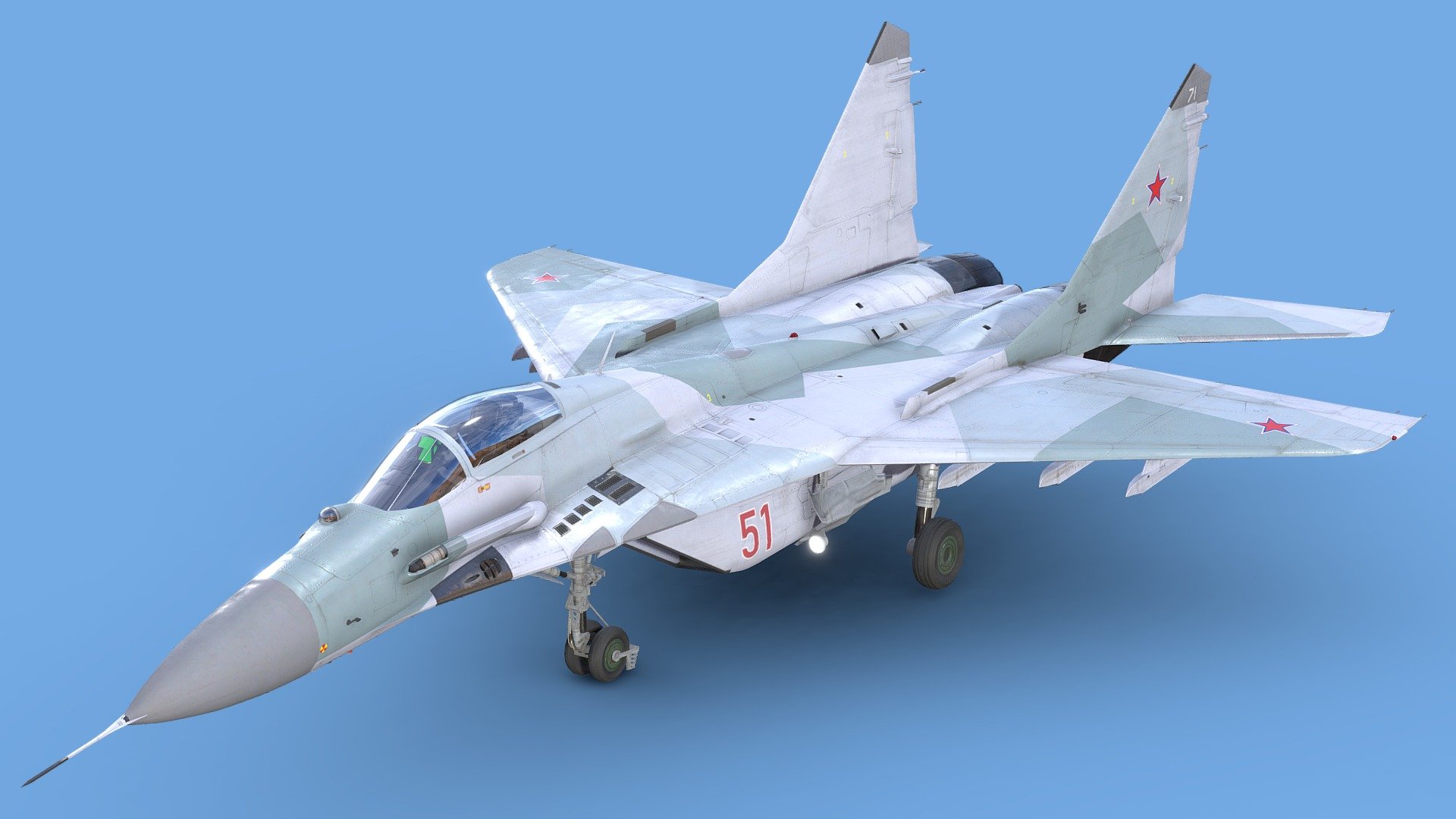Can't be used in any commercial work, only for personal use!

The Mikoyan MiG-29 (NATO reporting name: Fulcrum) is a twin-engine fighter aircraft designed in the Soviet Union. Developed by the Mikoyan design bureau as an air superiority fighter during the 1970s, the MiG-29, along with the larger Sukhoi Su-27, was developed to counter new U.S. fighters such as the McDonnell Douglas F-15 Eagle and the General Dynamics F-16 Fighting Falcon. The MiG-29 entered service with the Soviet Air Forces in 1983.

While originally oriented towards combat against any enemy aircraft, many MiG-29s have been furnished as multirole fighters capable of performing a number of different operations, and are commonly outfitted to use a range of air-to-surface armaments and precision munitions.

Render:
