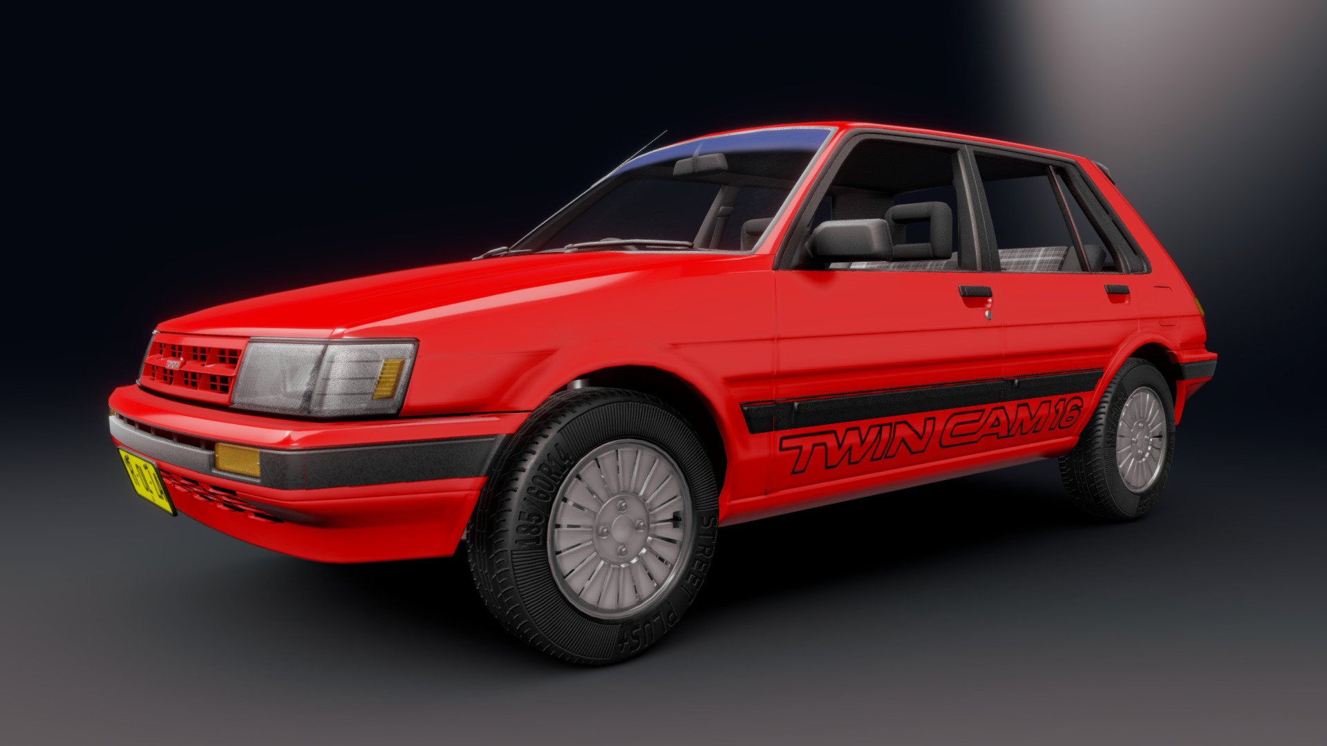 A different sporty Toyota from the mid 80s.



AE82 Chassis hatchback variant with the Series 3 front end.

**A mid-poly model with a detailed interior and underbody.
**

** BODY ALONE - 14,829 VERTS, 29,012 EDGES, 14.228 FACES
** 

**INTERIOR - 11,876 VERTS, 23,180 EDGES, 11,399 FACES
**

**CHASSIS - 3,931 VERTS, 7,492 EDGES, 3,598 FACES
**

TOTAL - 48,212 VERTS, 94,606 EDGES, 46,605 FACES