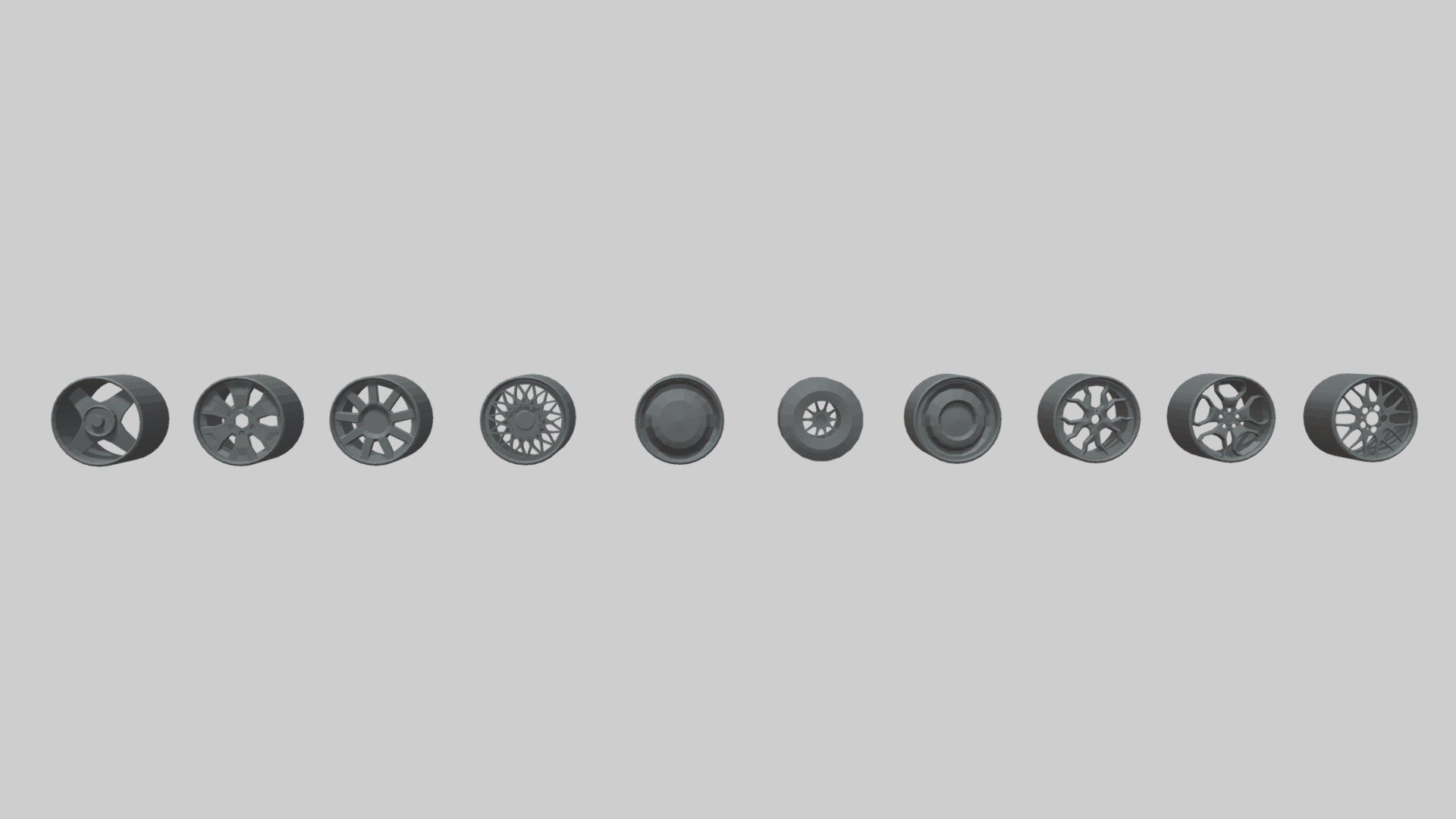 This model contains a Low Poly Wheel Pack 01 modeled in Autodesk Maya 2018 based on real cars and modified to be low poly models.

The model will be uploaded in .mb, .stl, .obj, .blend and .fbx as well as it will be added in .stl, .obj and .fbx separated in each wheel.

Low Poly Wheel 01: Tri 584 / Vert 296

Low Poly Wheel 02: Tri 1068 / Vert 522

Low Poly Wheel 03: Tri 774 / Vert 371

Low Poly Wheel 04: Tri 2196 / Vert 1051

Low Poly Wheel 05: Tri 574 / Vert 289

Low Poly Wheel 06: Tri 458 / Vert 231

Low Poly Wheel 07: Tri 574 / Vert 289

Low Poly Wheel 08: Tri 1504 / Vert 722

Low Poly Wheel 09: Tri 1430 / Vert 697

Low Poly Wheel 010: Tri 3010 / Vert 1453

Don’t doubt on contacting me so we can negociate whatever you want. If you need any kind of help contact me or indicate whatever you need or want.

If you like the model please give me some feedback, I would appreciate it. If you experience any kind of difficulties, be sure to contact me and i will help you. Sincerely Yours, ViperJr3D.