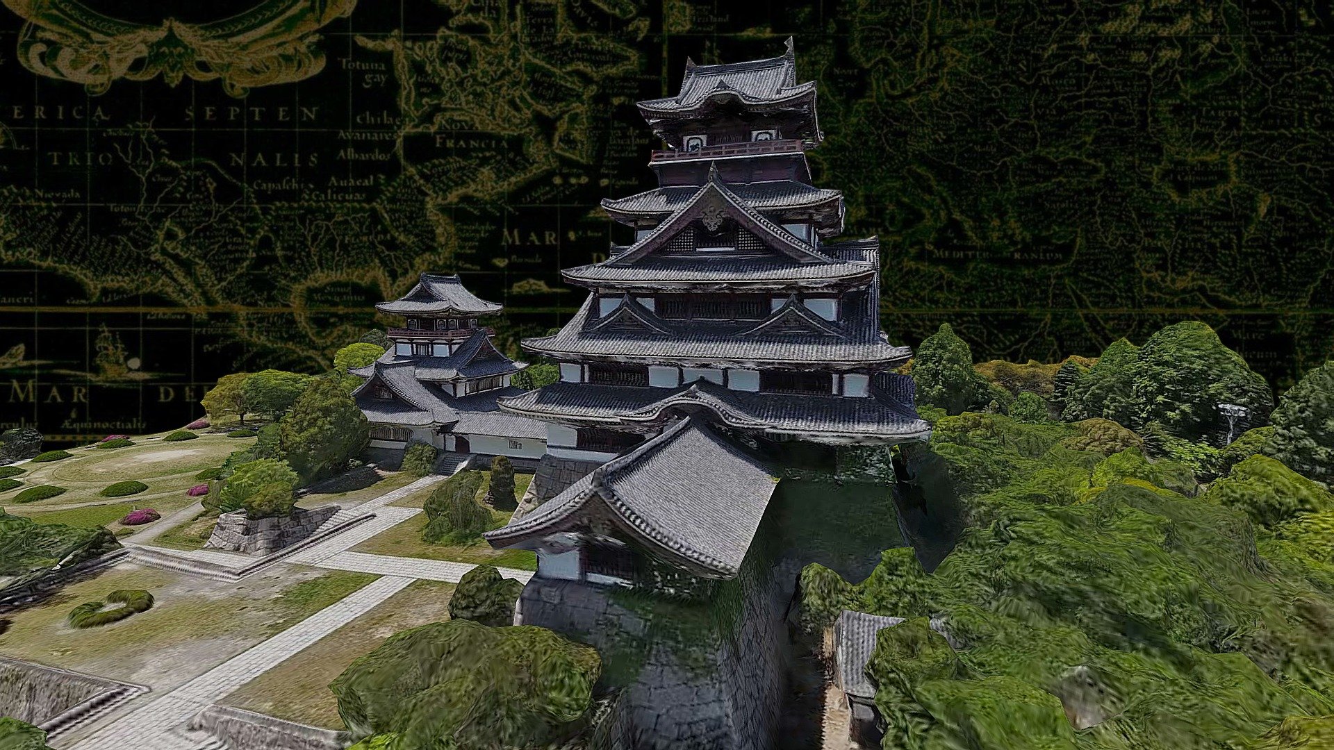 From video source.
Fushimi Castle (伏見城 Fushimi-jō), also known as Momoyama Castle (桃山城 Momoyama-jō) or Fushimi-Momoyama Castle, is a castle in Kyoto's Fushimi Ward. The current structure is a 1964 replica of the original built by Toyotomi Hideyosh.
The construction of the original castle was begun in 1592, the year after Hideyoshi's retirement from the regency, and completed in 1594. Twenty provinces furnished workers for the construction, which numbered between 20,000 and 30,000