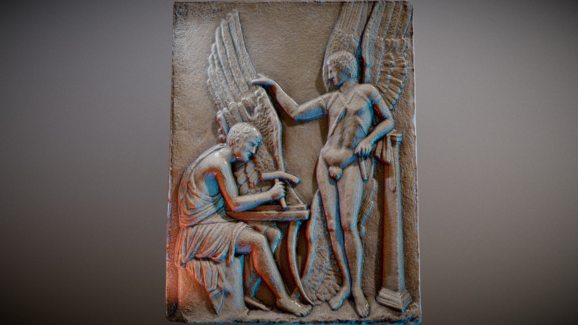 Bas-relief representing a scene from the Greek Mythology with the Daedalus and Icarus building their wings.