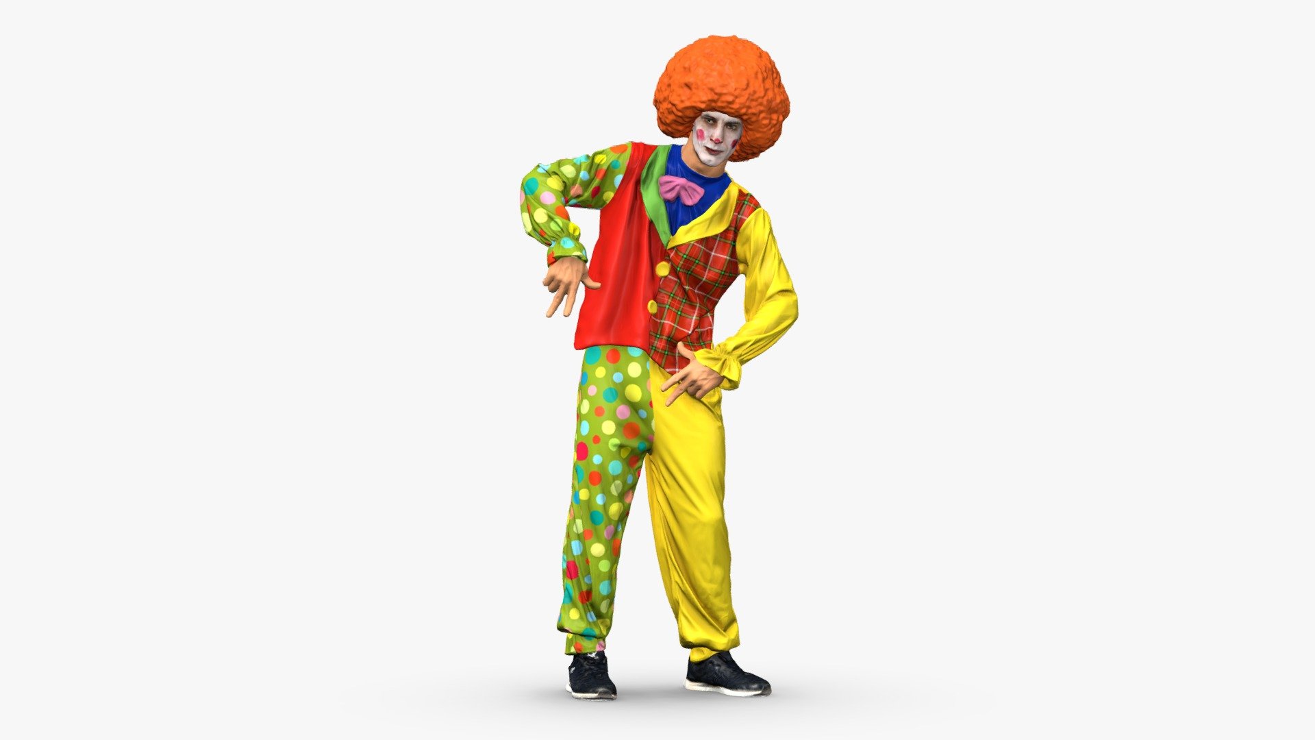 The 3D model depicts a clown in a brightly colored outfit with various patterns and textures. The clown has voluminous curly hair and is fully made up with traditional clown makeup, including a white base, a red nose, and colorful accents around the eyes and mouth. The clown strikes a playful and whimsical pose. The model was created through scanning.