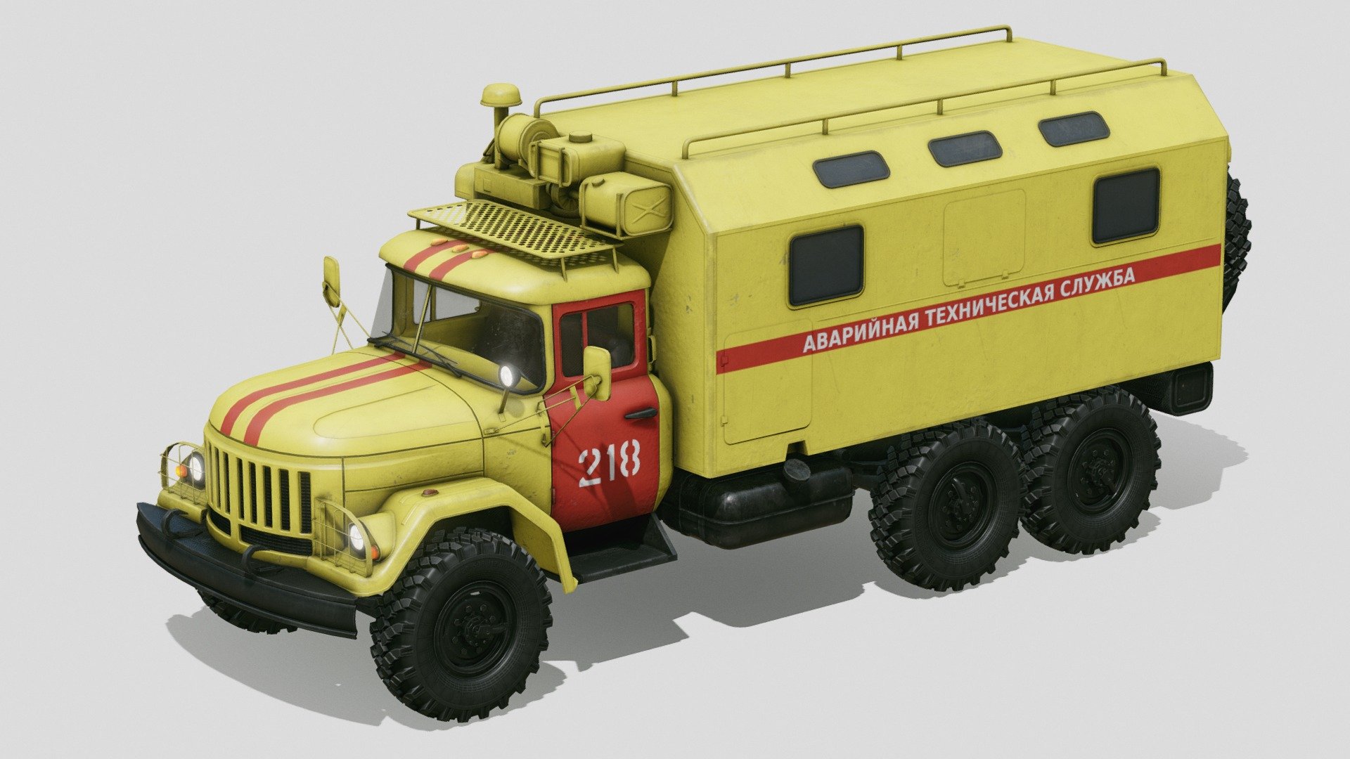 General purpose 3.5 tonne 6x6 truck designed in the Soviet Union. Here, in emergency services technial vehicle version.

Separate materials for: cabin, interior, glass, frame, wheel and command module.

Wheels are separate objects.

4k PBR textures for cabin, interior and command module. 2k for frame and wheel. 1k for the glass.

Textures for glass and command module with alpha transparency.