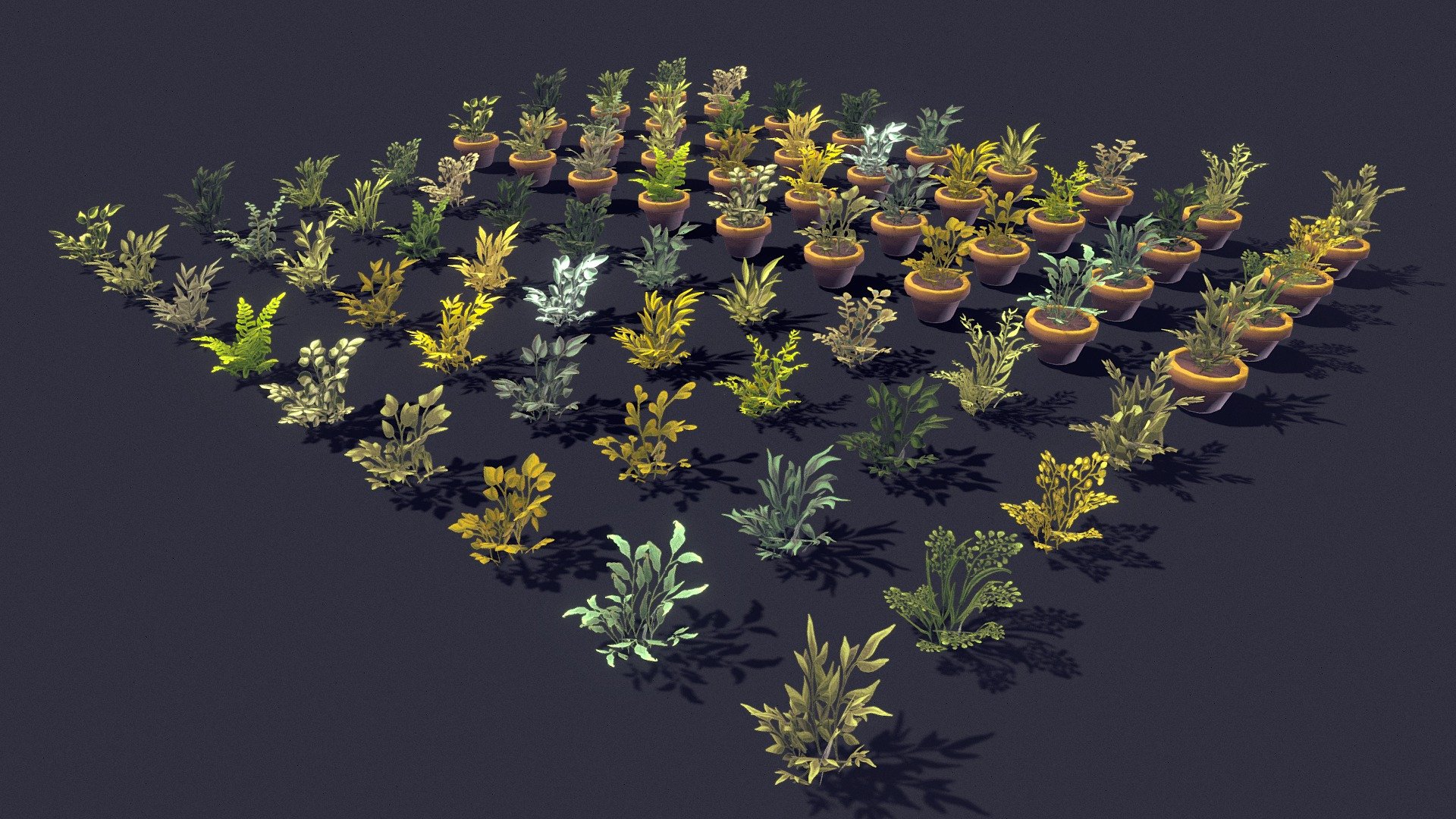 Good day ^_^ I hope you will like this plant pack as much as i do. this is made in blender. This Pack contains -36 plants -36 plants with pots ,Game ready.

Checkout my other low poly vegetation packs:

Flower and plant 01

Flower and plant 02

Flower pack

Tree pack