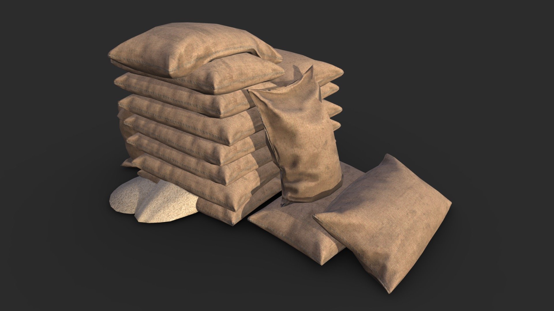 This vintage bulk bags assets pack including 10 individual bag sets and 2 content sets with 3 LODs and collision boxes. All elements can easily be positioned together to create a more detailed scene. Also, this pack includes 5 pre-assembled sets to allow you to speed up your assemblies.


All individual assets

This AAA game asset of old bulk bags will embellish you scene and add more details which can help the gameplay and the game-design.

Low-poly model &amp; Blender native 2.90

SPECIFICATIONS




Objects : 12

Polygons : 2817

Subdivision ready : No

Render engine : Eevee (Cycles ready)

GAME SPECS




LODs : Yes (inside FBX for Unity &amp; Unreal)

Numbers of LODs : 3

Collider : Yes

Lightmap UV : No

EXPORTED FORMATS




FBX

Collada

OBJ

TEXTURES




Materials in scene : 1

Textures sizes : 4K

Textures types : Base Color, Metallic, Roughness, Normal (DirectX &amp; OpenGL), Heigh &amp; AO (also Unity &amp; Unreal workflow maps)

Textures format : PNG
