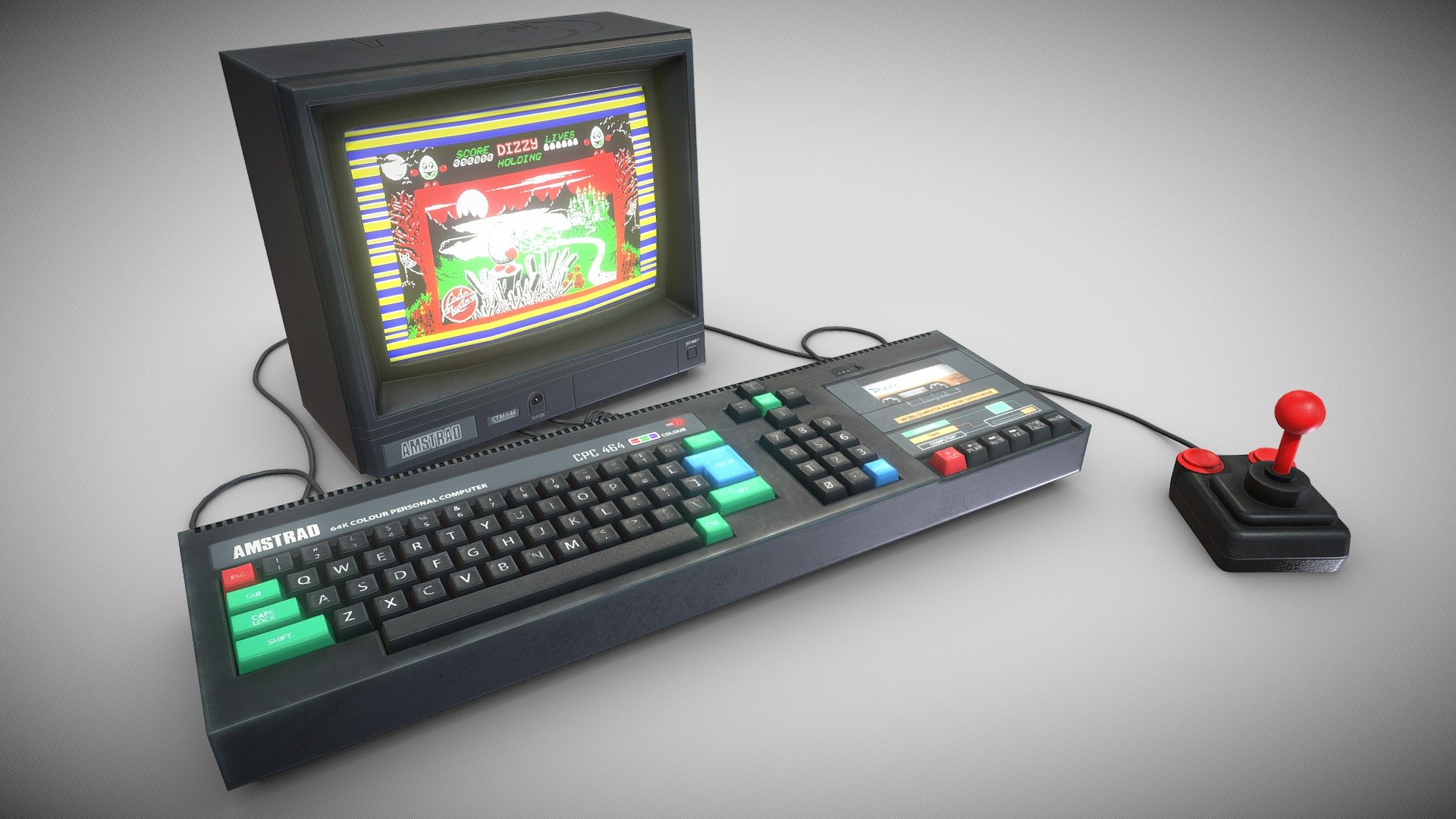 Retro gaming in the 1980s. the Amstrad was one of the 8 bit machines of the era that paved the way for the consoles to come.

Modelled in 3ds Max with a mid-poly bake down and then fully textured in Quixel Mixer 2020. I wanted to add a hint of life with some motion in the tape cassette and classic loading screen. 

Texture setup:
 - 2048x2048 texture maps
 - PBR Metalness setup 
 - Additional maps to assist with emissive and alpha segments

Included:
the textures for my personal version of the same asset which can be seen here
 - https://skfb.ly/o6ZIq