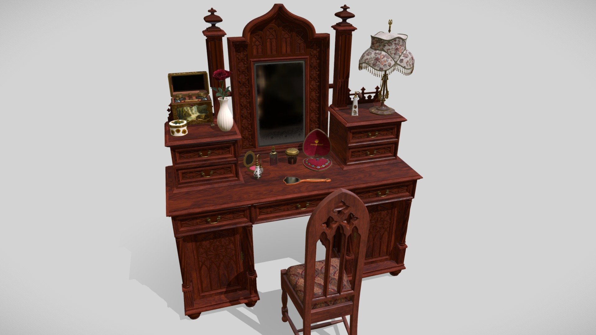 Openable decorated Victorian dressing table with lots of props such as jewelry box, necklace, hand mirror, hairbrush, makeup boxes and bottles, lipstick, tweezers, makeup box and decorated perfume bottles and not the last make-up travel box . Each drawer and door is openable. As a material, we chose acacia wood in both light and dark variants to highlight the decorations. Great for any Victorian bedroom. 

The models have a LOD and their own collider for easy use as game props. Also included is a collapsed texture: occlusion (R), roughness (G) and metal (B) and an unreal engine 4 project. Also opening / closing animations.