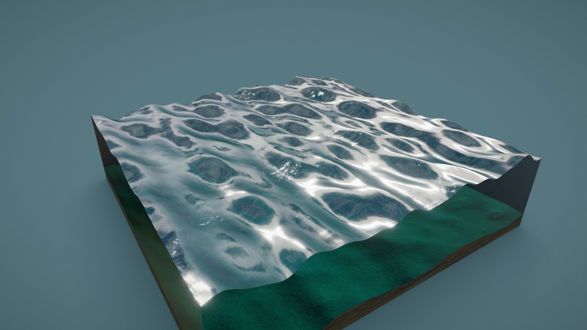 A slice of ocean created using trochoidal (or Gerstner) waves. Modelled in Houdini, the undulations of the base mesh have been created by summing simple sine functions. These techniques are often used to create large bodies of water in real-time environments, a small cross section is used here to keep polygon count managable. 

Based on equations covered in chapter 1 of GPU Gems, a compilation of articles covering practical real-time graphics techniques.