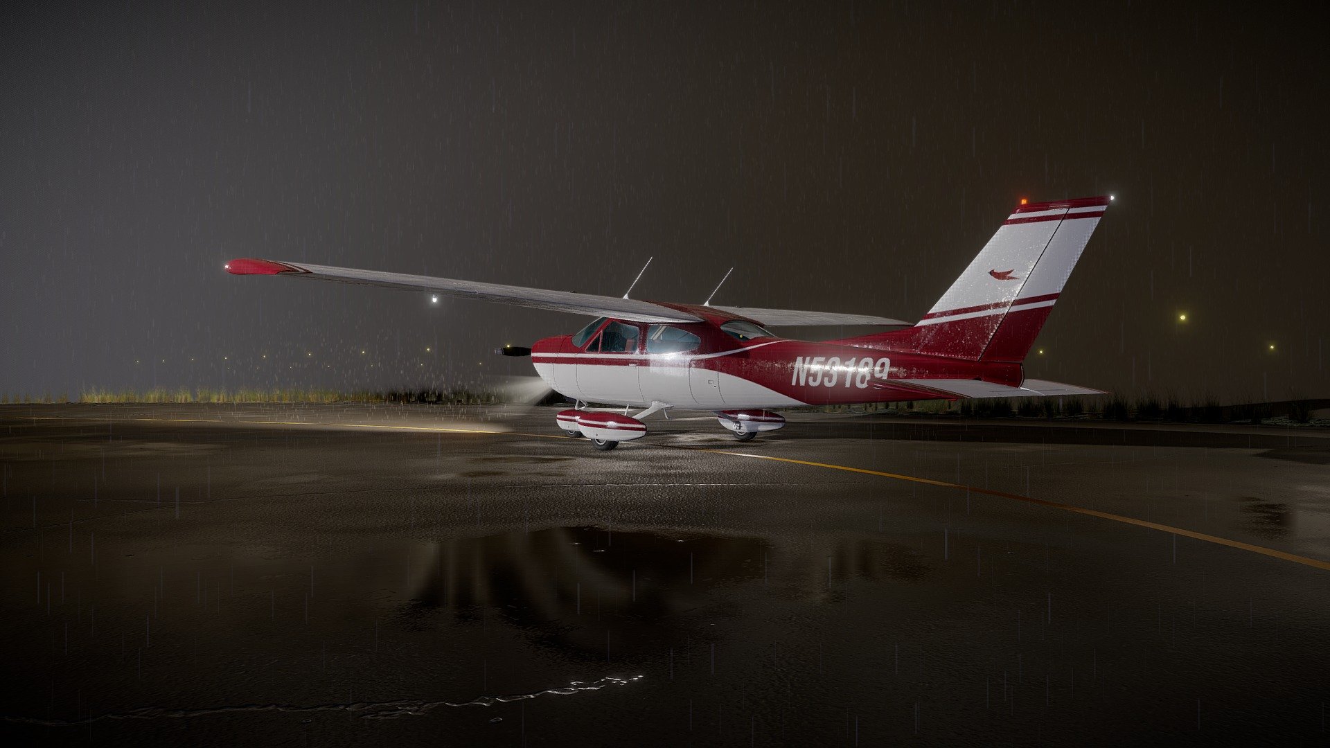 Rainy night scene i made for fun with the Cessna 177 Cardinal.
I modeled it in 3dsmax and i made the textures in Substance Painter.
You can find this Cessna without any background to look at it in detail by following this link. : https://sketchfab.com/3d-models/cessna-177-cardinal-4k-6d00ced8bf7b4a98b808fad320f2fc1b