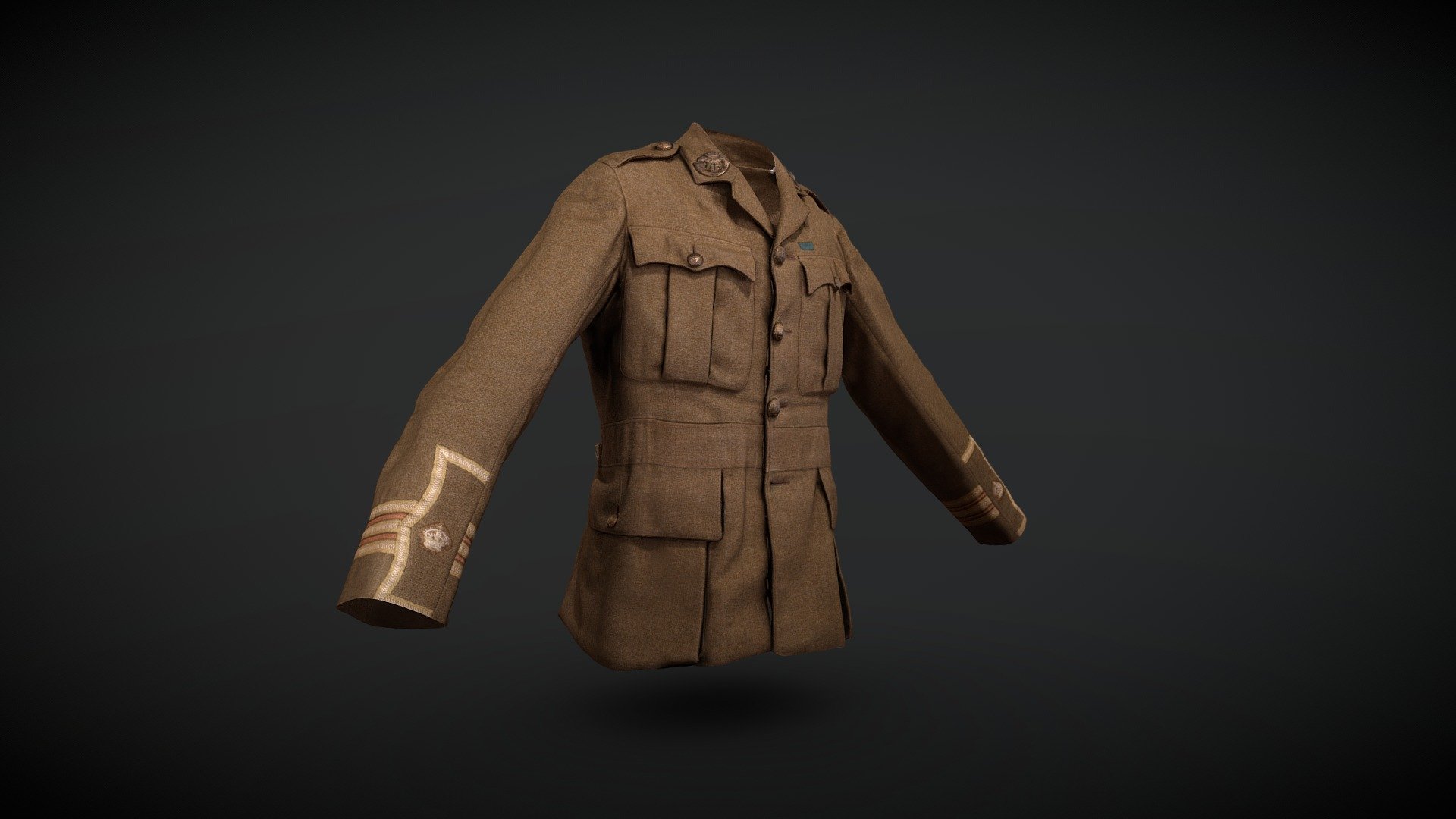 There are 4 regimental buttons going down the front of the jacket, however there is evidence that it is well worn due to general wear and tear of the garment and a button missing. There are 5 pockets lining the jacket, 2 on the breast and 2 on the hips, all secured with the same regimental buttons that are the same as the ones down the front. There is then one concealed welt pocket on the right-hand side along the belt line. There are 2 Cornwall badges on either side of the collar, decorated with a crown and bugle badge, along with either regimental button fastenings on either shoulder.

This item originates from the collection at Bodmin Keep Musuem, Cornwall, UK. The model was created by Purpose3D. If you are interested in purchasing the model, please get in touch with Purpose 3D.