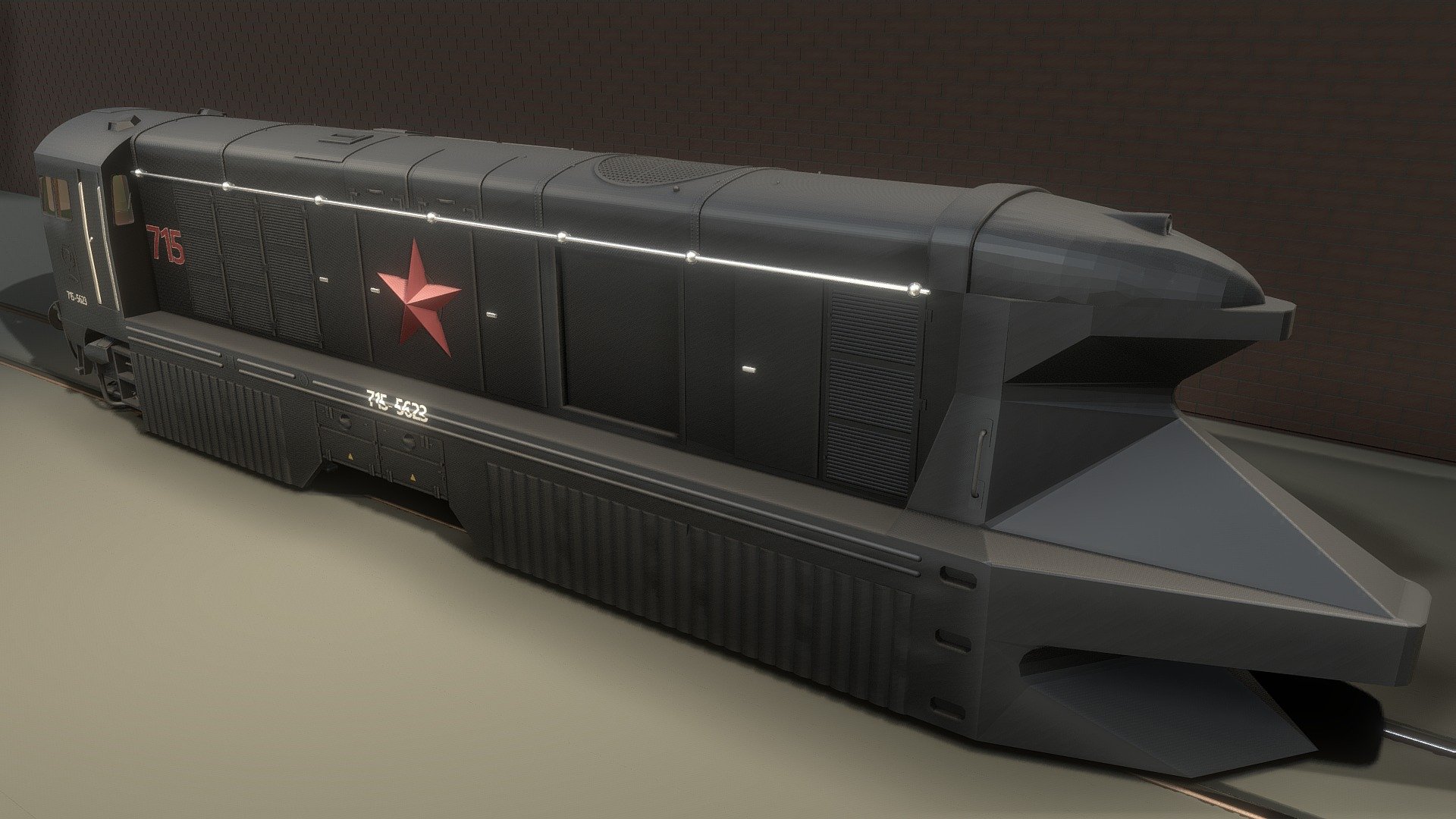 This fantastic model is based on sleek 90's soviet armour design combined with an amateur determination, eye for detail and panache.

now available from dent-by-design.com/soviettrain


Features




Good overall detail.




Interior space




Fully manifold (except the scenery as I lost the will to live at this point).




Seperate; Armoured skirt, Windows, Fan, Bogies &amp; Wheels for ease of animation.




&ldquo;Scenery
