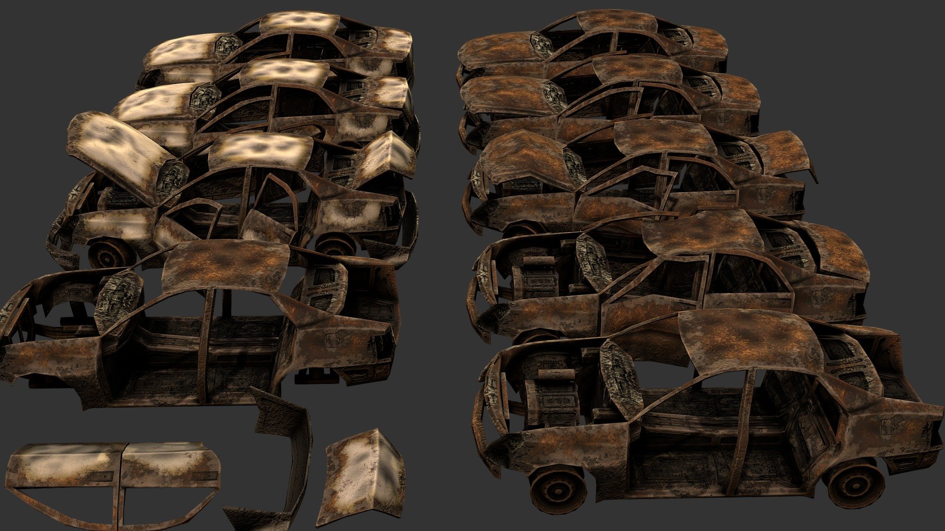 Decided to do a burned car to play with materials on, ended up turning it into a semi-modular destroyed/burned/post-nuclear car set.

Made in 3DSMax and Substance Painter