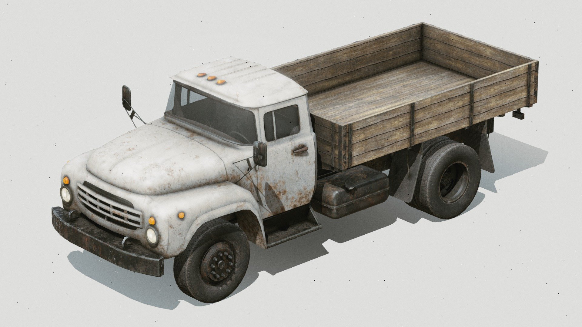 Soviet cargo truck inspired by the ZIL truck.

PBR textures in PNG format.

4k for the cabin adn cargo bed. 2k for the frame and wheels and 1k with alpha transparency for the glass.

Cabin, wheels, glass, frame and cargo bed are separate objects.