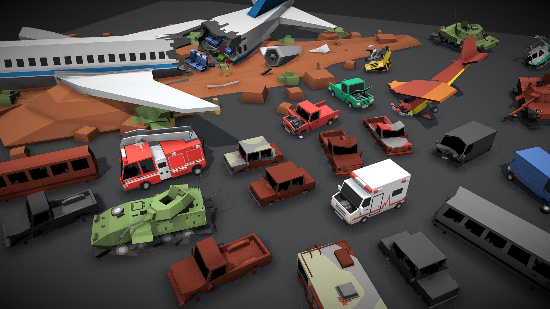 Simple Apocalypse - Damaged Vehicles. This awesome asset collection includes 38 assets for use in your project.\n\nOur Simple series has a cuby low poly style look.