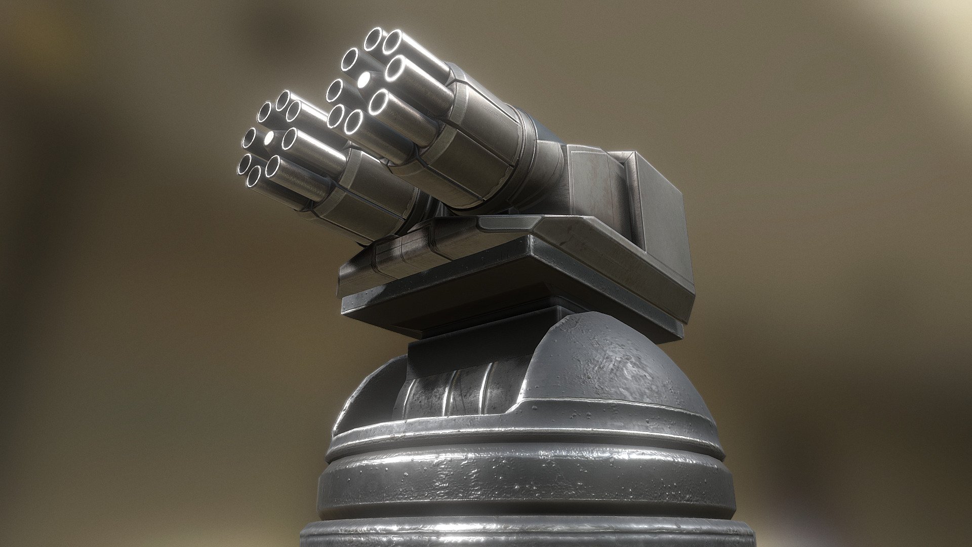 Here is an animated and futuristic gatling gun tower.  I have modeled and textured in in 3d-coat. The rig and the antimation I have done in Blender 2.77a .