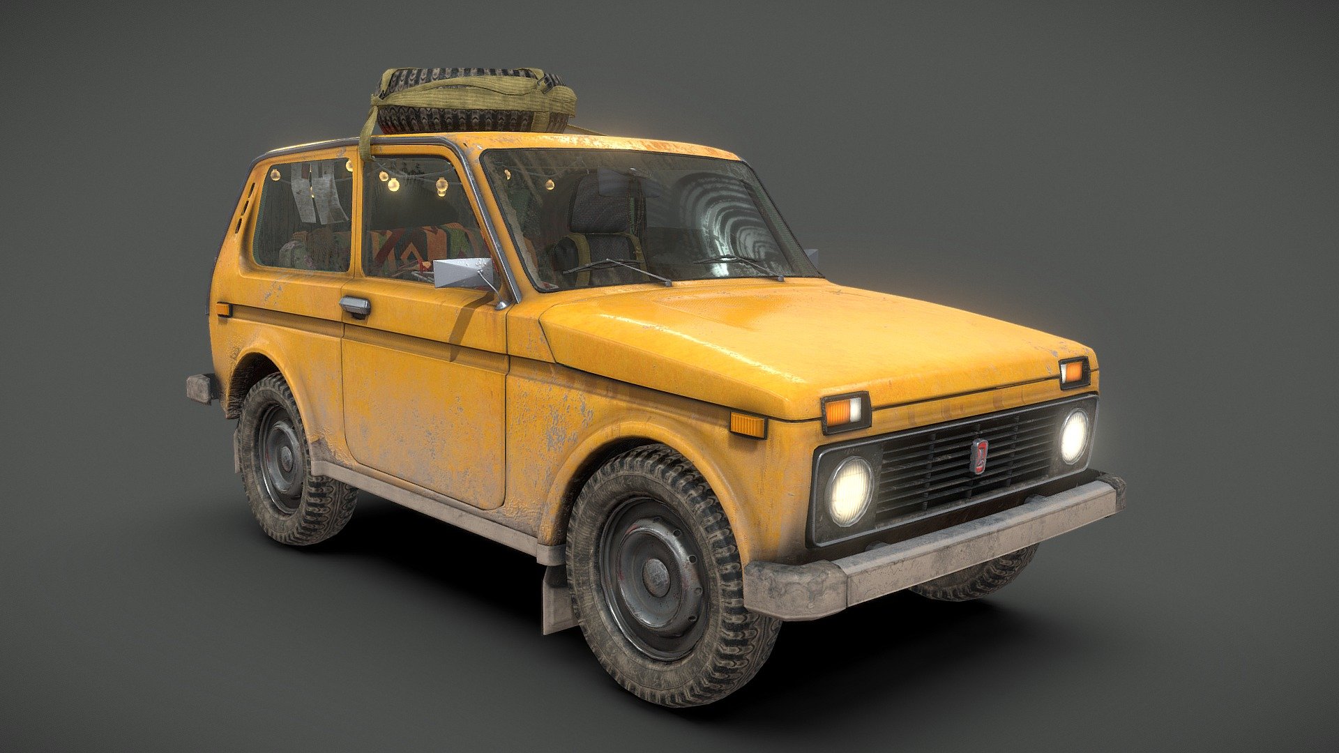 Someones (mostly) 1980's Lada Niva, I heard it was a Romanian woman last driving this during some sort of calamity, probably lived in it as well judging by the smell.

correct polyflow and topology, not completely retopologised and game ready, especially not the added interior props. Mostly an excersice in modeling, rendering and texturing. I have done so much retopoly over the past year I figgured I could skip it for once ;). It has some SCP related eastereggs in the car for fun.