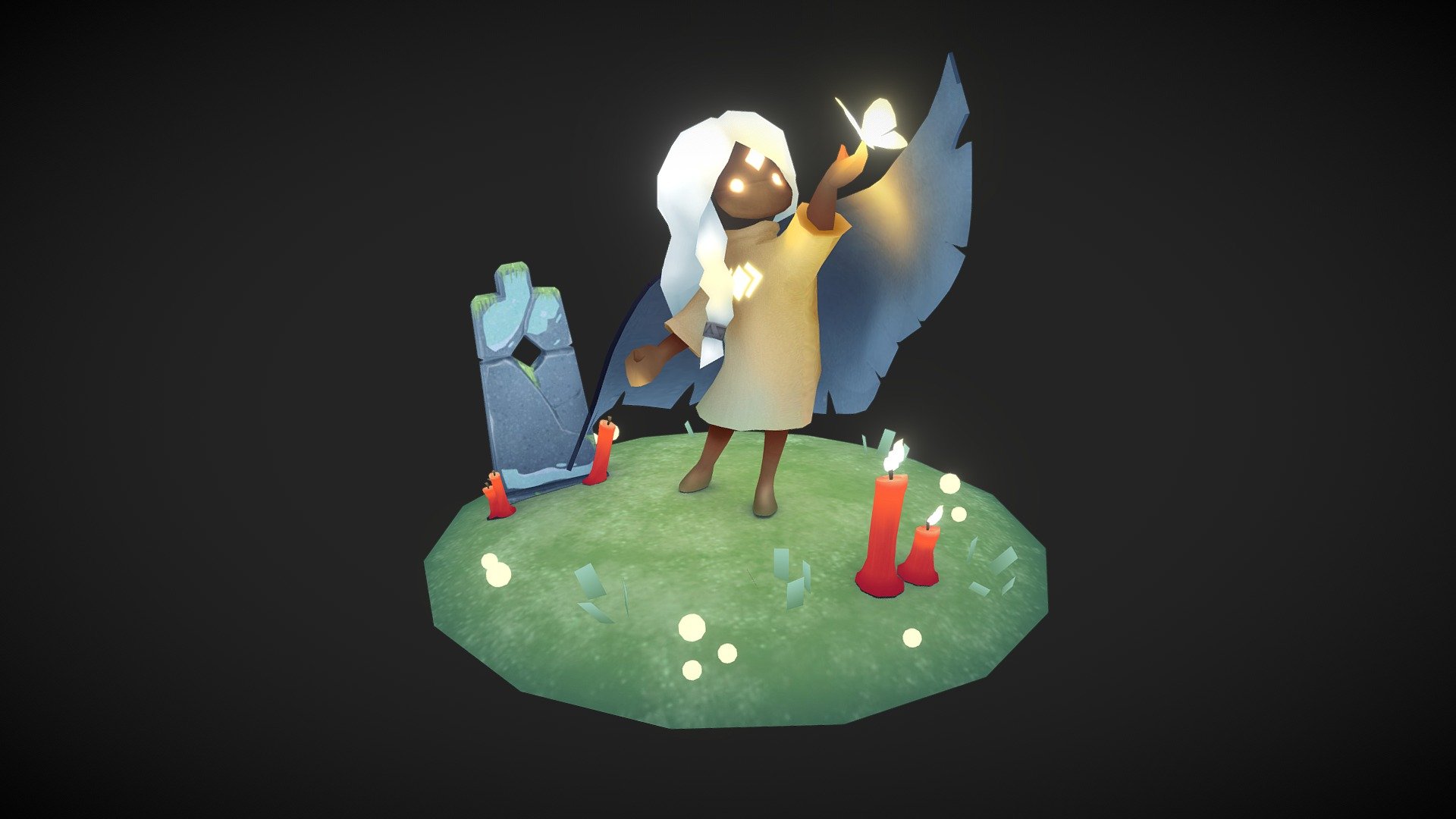I'm a big fan of anything Thatgamecompany creates, and wanted to create my own version of my character in their new game Sky: Light Awaits. 

Using only albedo and emission. Can you find the easter eggs? :)
