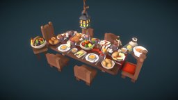 Food Set - Proto Series food, fruit, toon, barrel, assets, plate, chicken, prototyping, mug, table, steak, vegetables, roast, cuttlery, game, chair, low, poly, bottle