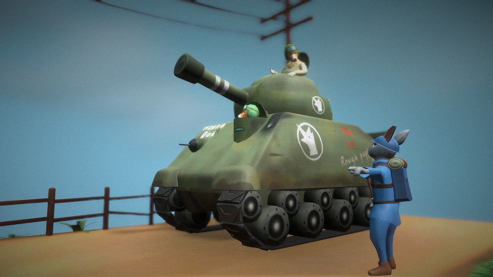 The scene is centered around the tank. Everything else was just me going, hey! I could totally make a thing out of this.

Story:

The dogs ask their allies the rabbits about what's up ahead of the road. The rabbit points.