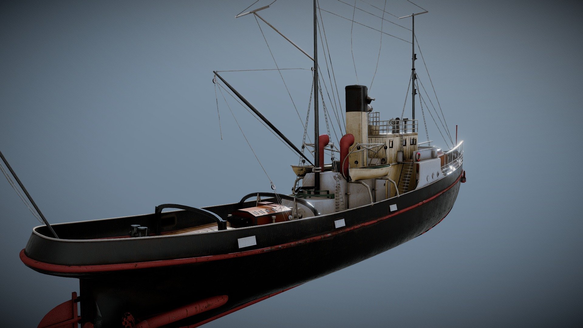 Steam Tug

Parts of the mesh are public domain. I don't remember where i found the mesh. I had to replace a few parts. There still are flipped normals and other issues, but it's good enough from the distance.

Here you can see it in action: https://vimeo.com/manage/videos/778831006