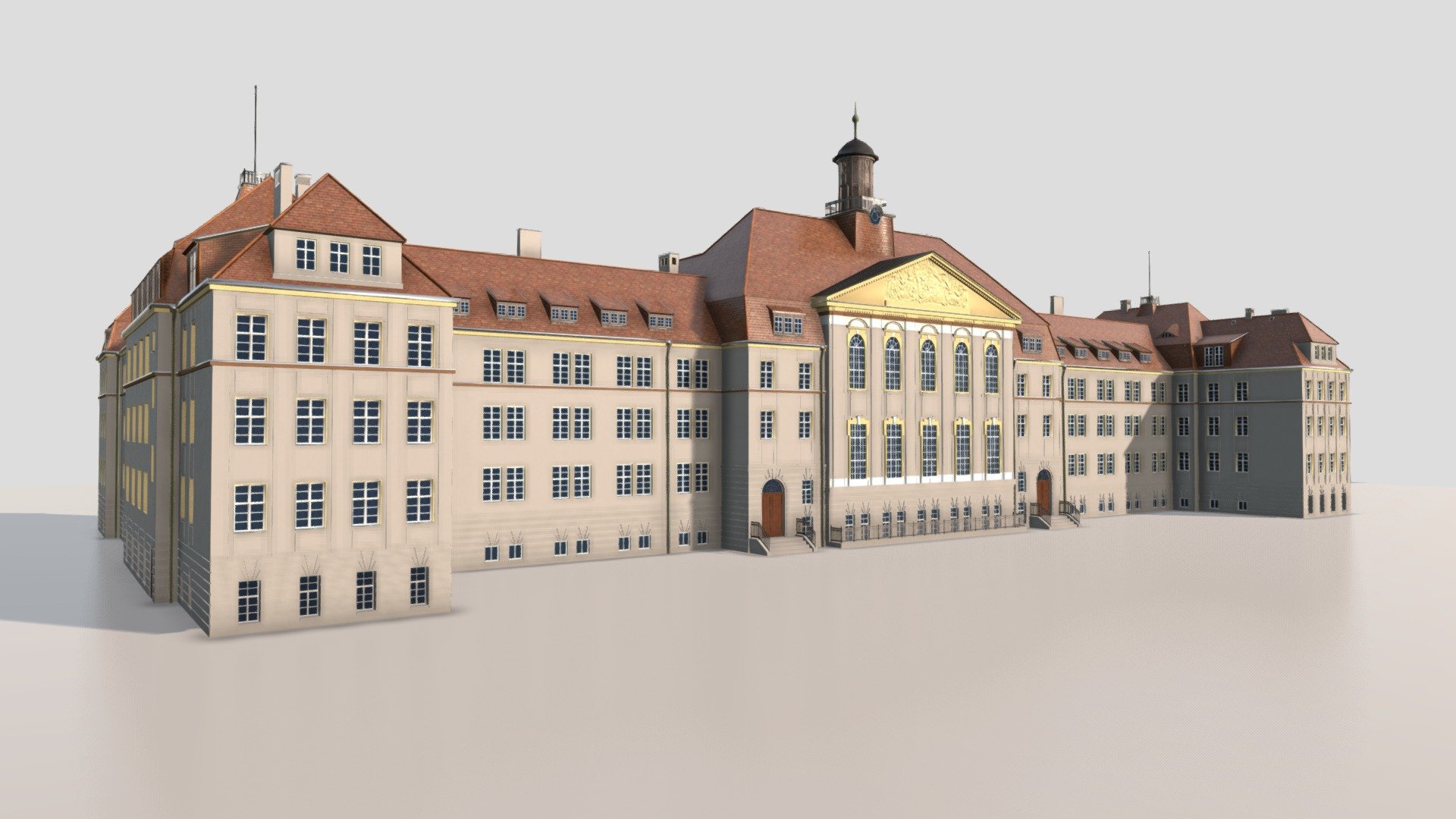 World War I officer school placed in Ząbkowice Śląskie (Frankenstein) now Poland, before Germany. School was builded in 1917 as a school for officers. German officers from this place went stright to the WWI German army.

Windows are separated and linked if you want bake them and lower number of polys, or change texture. 
Plasters roughnes and bump map, are the same for diffrent colors.

&ldquo;One or more textures on this 3D model have been created with photographs from Textures.com. These photographs may not be redistributed by default; please visit www.textures.com for more information.