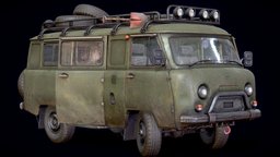 Soviet Vehicle UAZ Bukhanka transport, rusty, gamedev, dirty, damaged, staffpicks, shovel, canister, pelican, uaz, sssr, bukhanka, blender, vehicle, car, 3dmodel, gameready