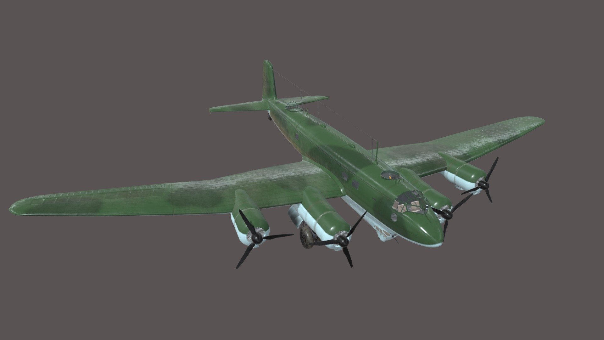 Focke-Wulf FW 200 Condor 

This is a midpoly bomber aircraft model without interior. 
If you don't connect the alpha texture, all windows will acquire a lightblue shade.

P.S. If you see a mess after import in Blender, you need to change blend mode to opaque in EEVEE material properties then change render engine to Cycles.

Used programs: Blender+Substance Painter
Dimension: 2k PBR textures
Verts: 39k
Faces: 34k